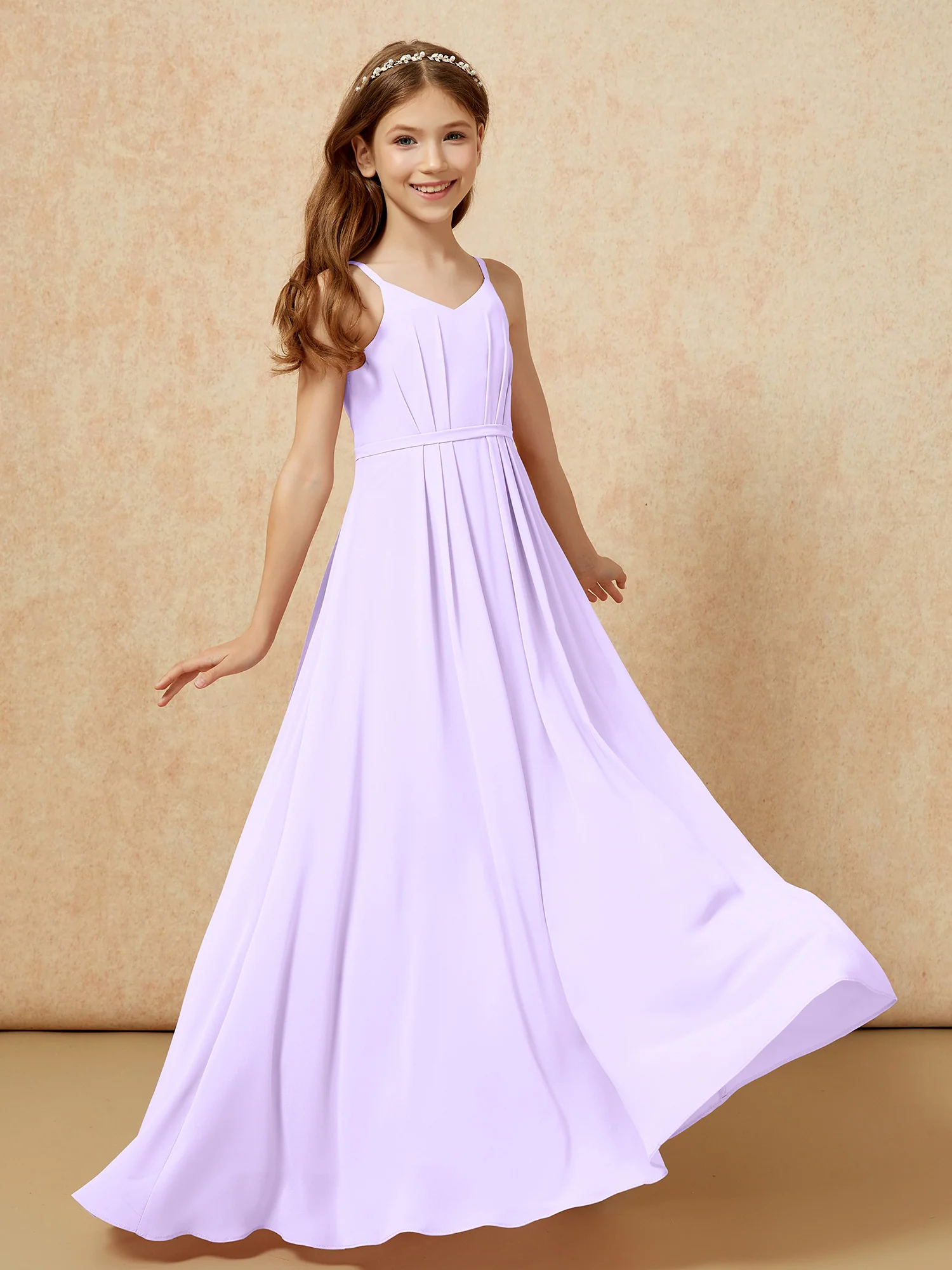 V-neck Spaghetti Straps Chiffon Junior Bridesmaid Dresses Lilac - Image 6