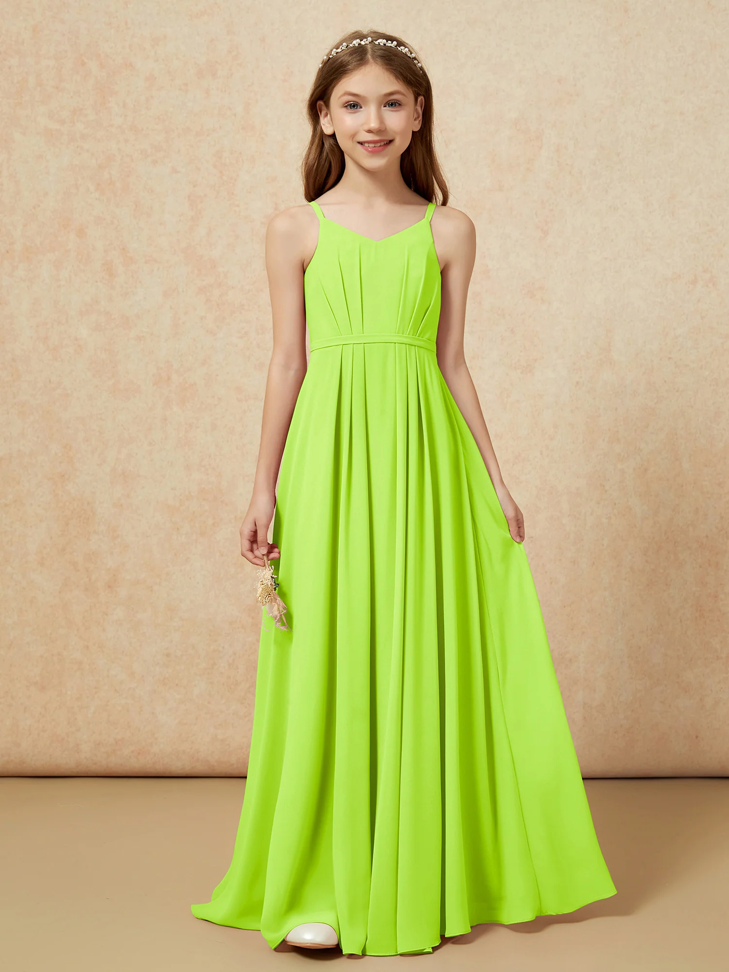 V-neck Spaghetti Straps Chiffon Junior Bridesmaid Dresses Lime Green