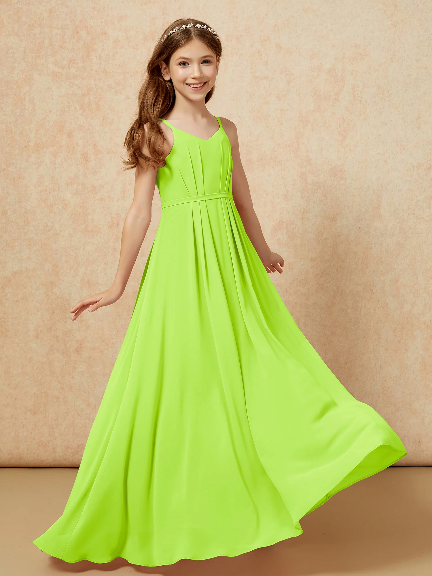 V-neck Spaghetti Straps Chiffon Junior Bridesmaid Dresses Lime Green - Image 6