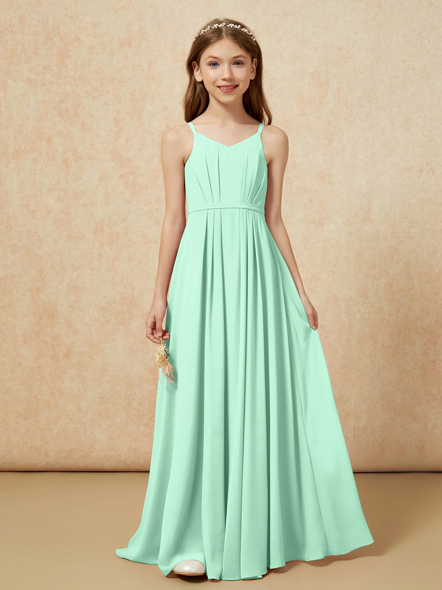 V-neck Spaghetti Straps Chiffon Junior Bridesmaid Dresses Mint Green