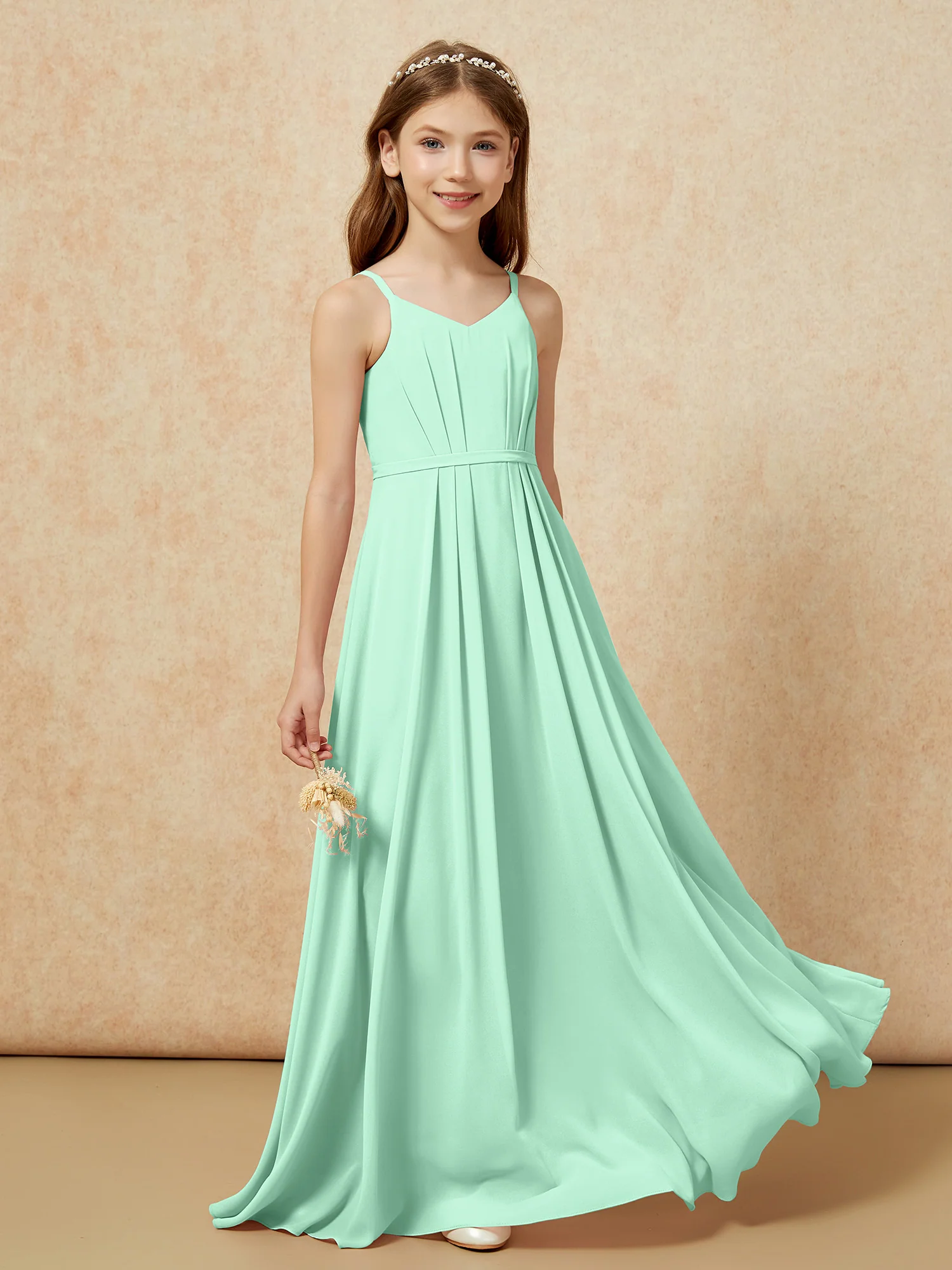 V-neck Spaghetti Straps Chiffon Junior Bridesmaid Dresses Mint Green - Image 5