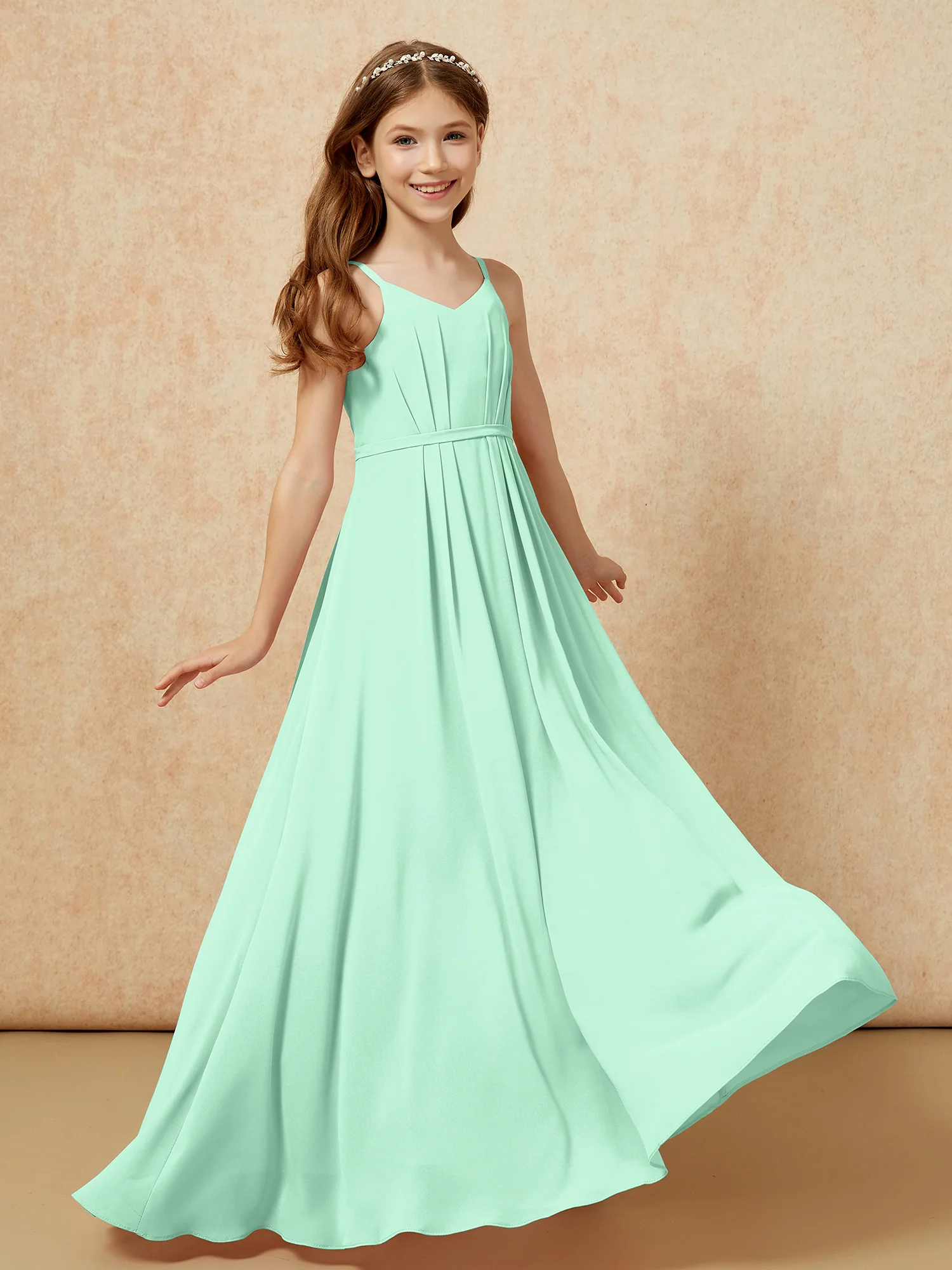 V-neck Spaghetti Straps Chiffon Junior Bridesmaid Dresses Mint Green - Image 6