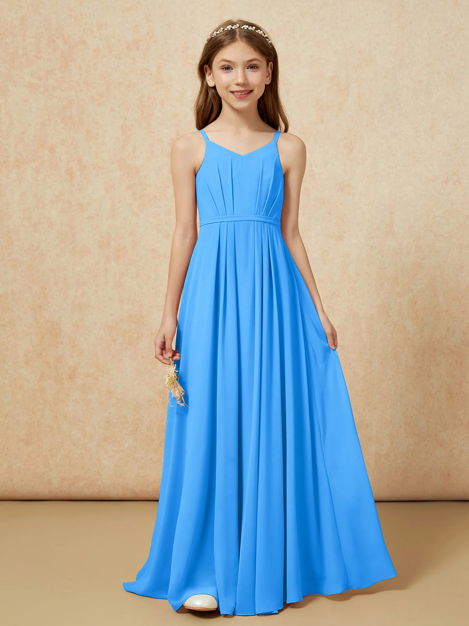 V-neck Spaghetti Straps Chiffon Junior Bridesmaid Dresses Ocean Blue