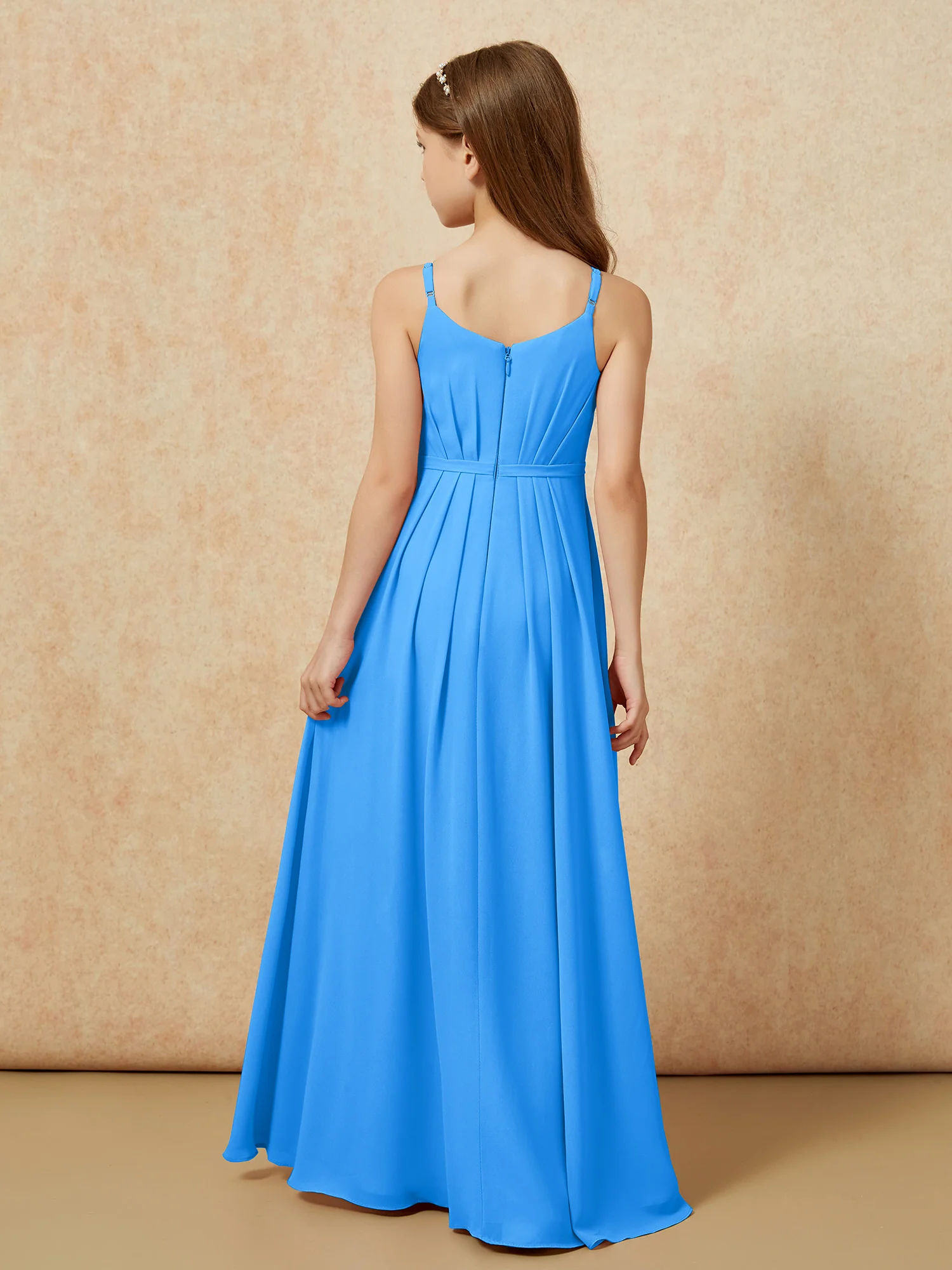 V-neck Spaghetti Straps Chiffon Junior Bridesmaid Dresses Ocean Blue - Image 2