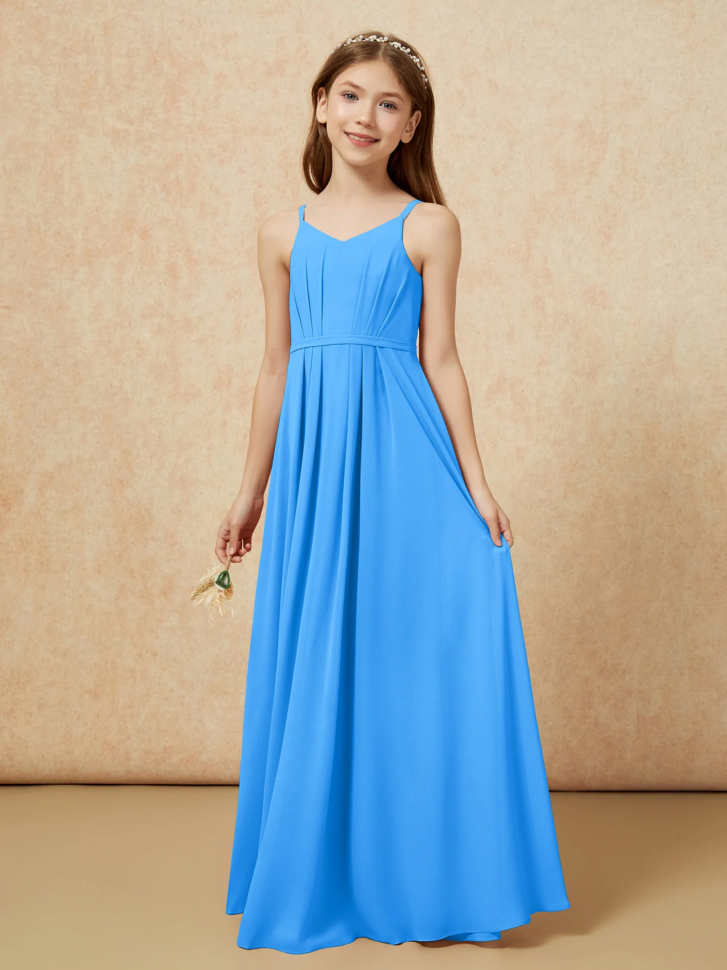 V-neck Spaghetti Straps Chiffon Junior Bridesmaid Dresses Ocean Blue - Image 3