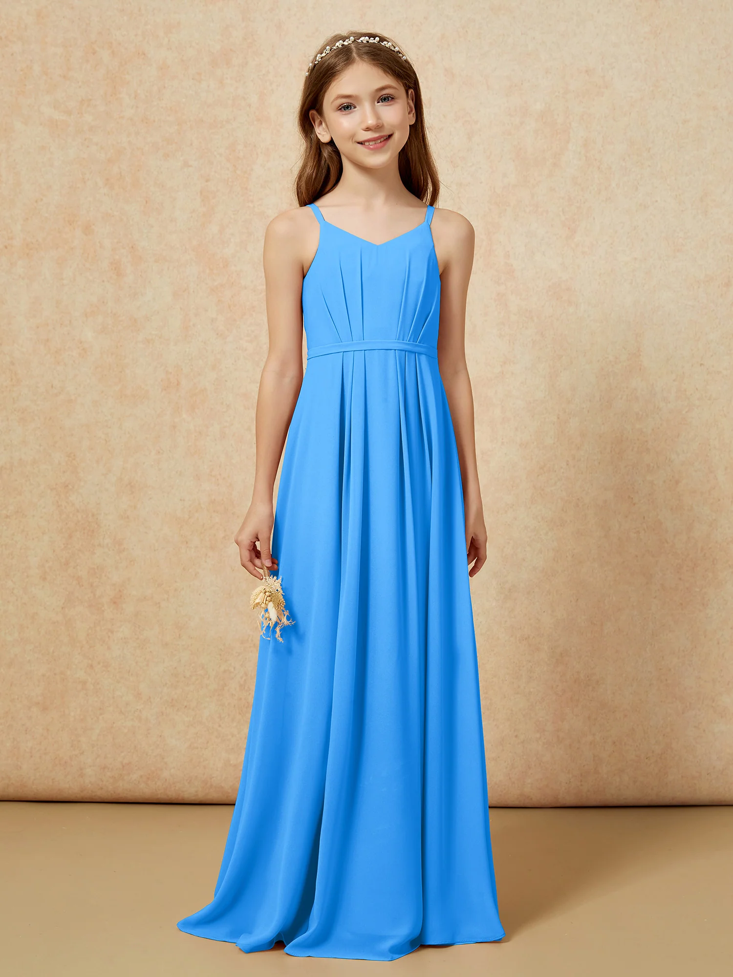 V-neck Spaghetti Straps Chiffon Junior Bridesmaid Dresses Ocean Blue - Image 4