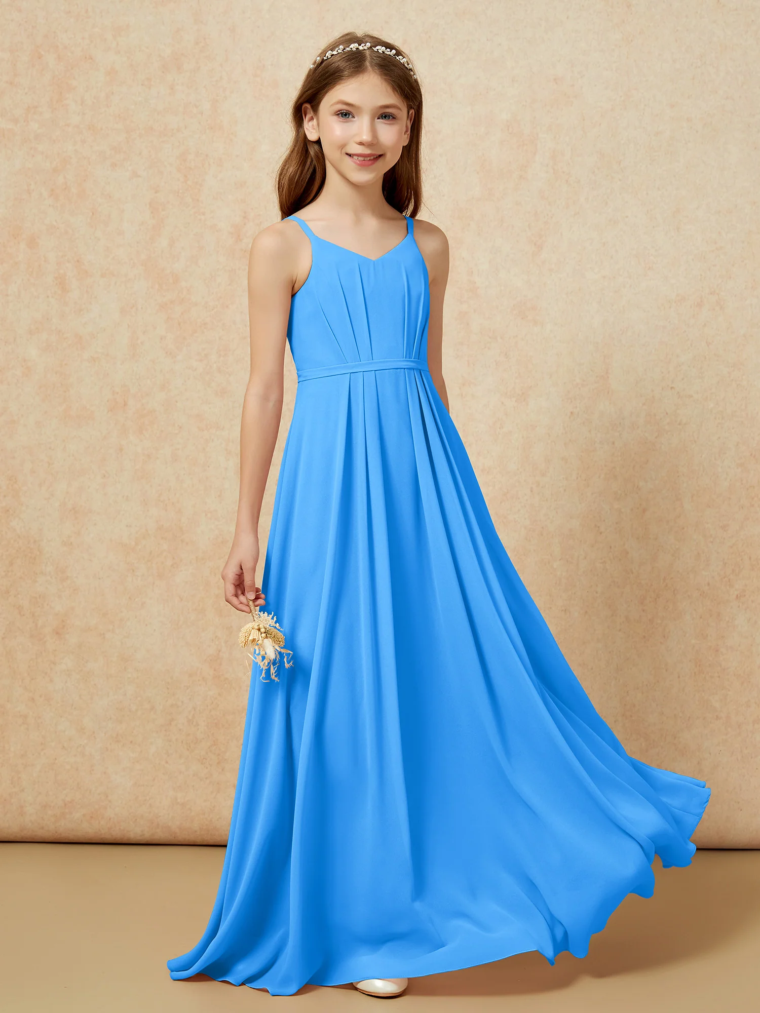 V-neck Spaghetti Straps Chiffon Junior Bridesmaid Dresses Ocean Blue - Image 5