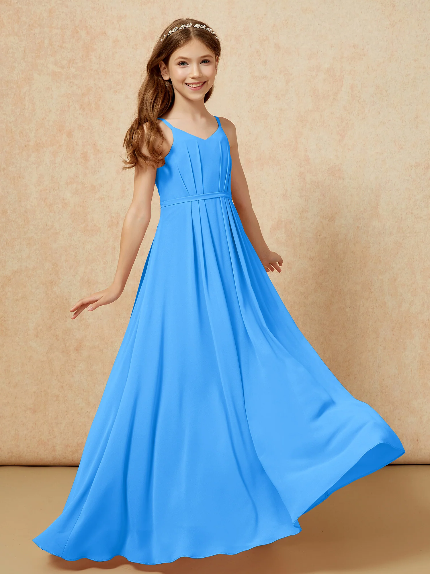 V-neck Spaghetti Straps Chiffon Junior Bridesmaid Dresses Ocean Blue - Image 6