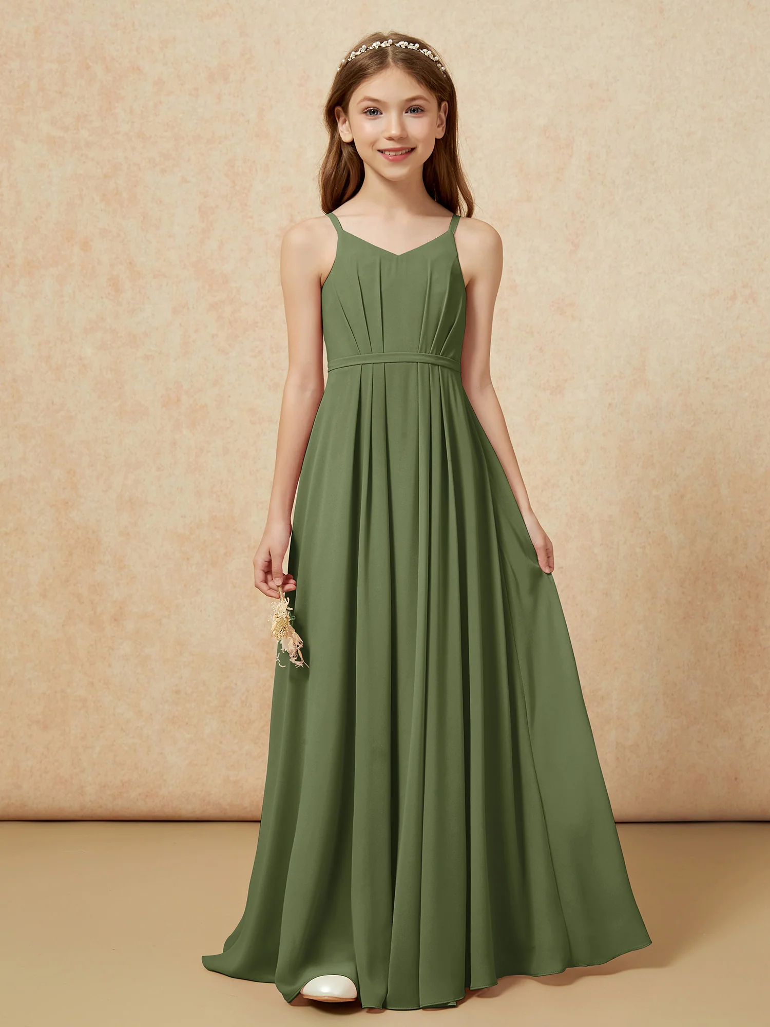V-neck Spaghetti Straps Chiffon Junior Bridesmaid Dresses Olive Green