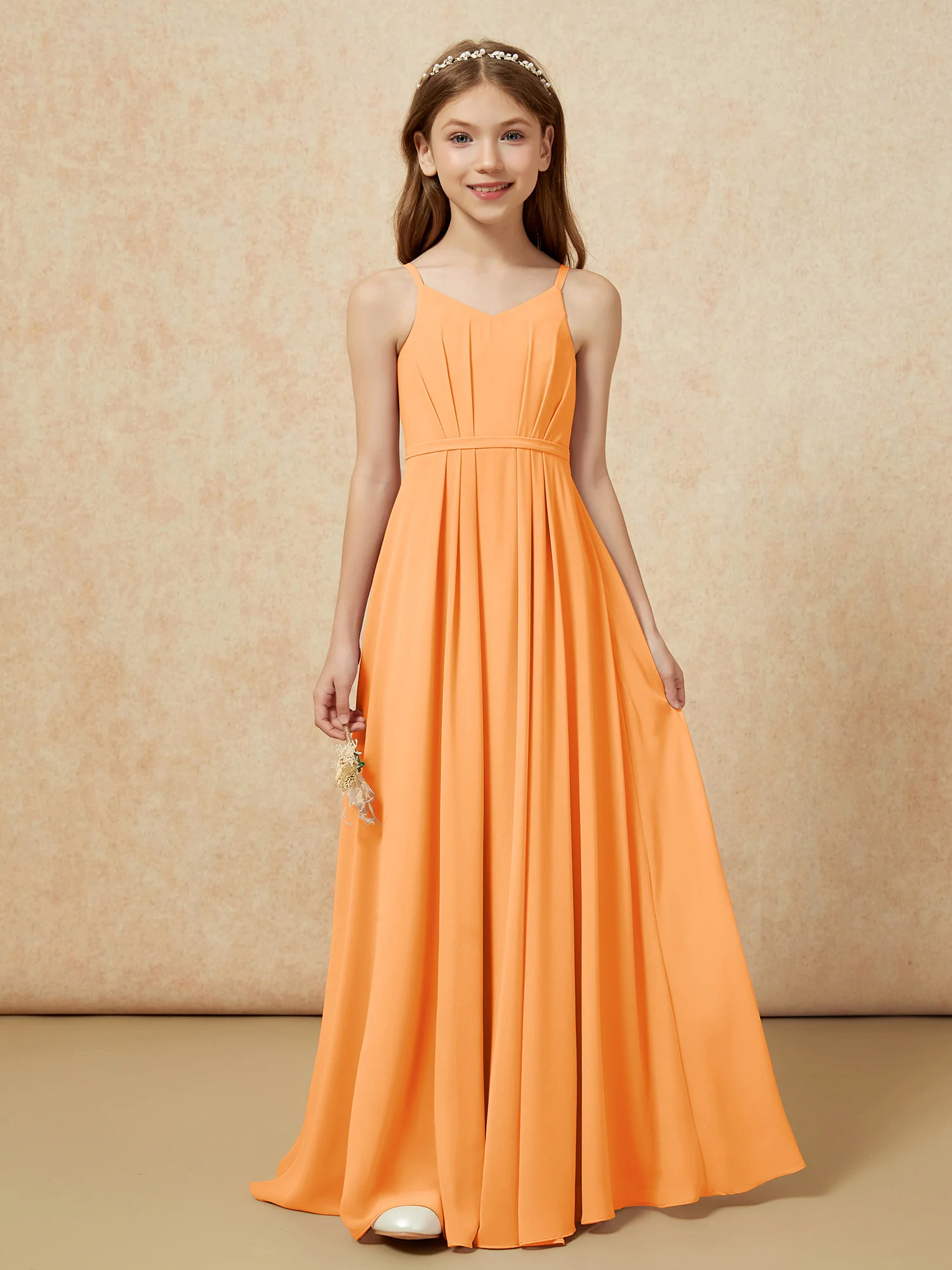 V-neck Spaghetti Straps Chiffon Junior Bridesmaid Dresses Orange