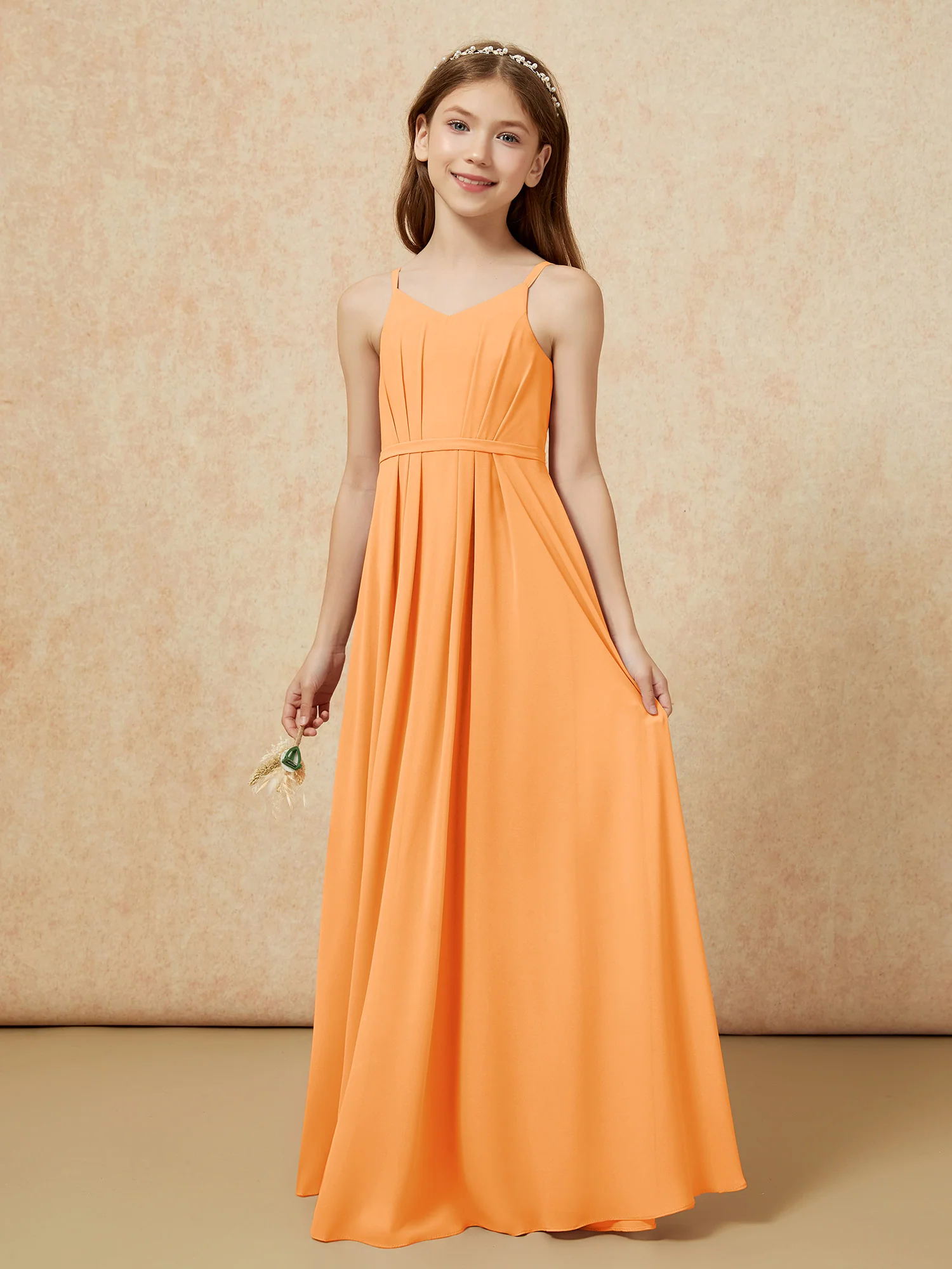 V-neck Spaghetti Straps Chiffon Junior Bridesmaid Dresses Orange - Image 3