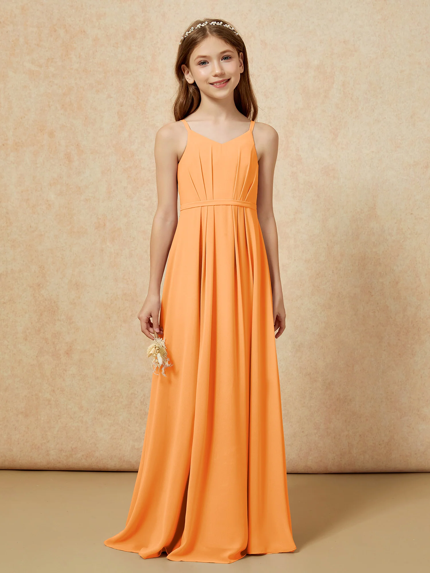 V-neck Spaghetti Straps Chiffon Junior Bridesmaid Dresses Orange - Image 4