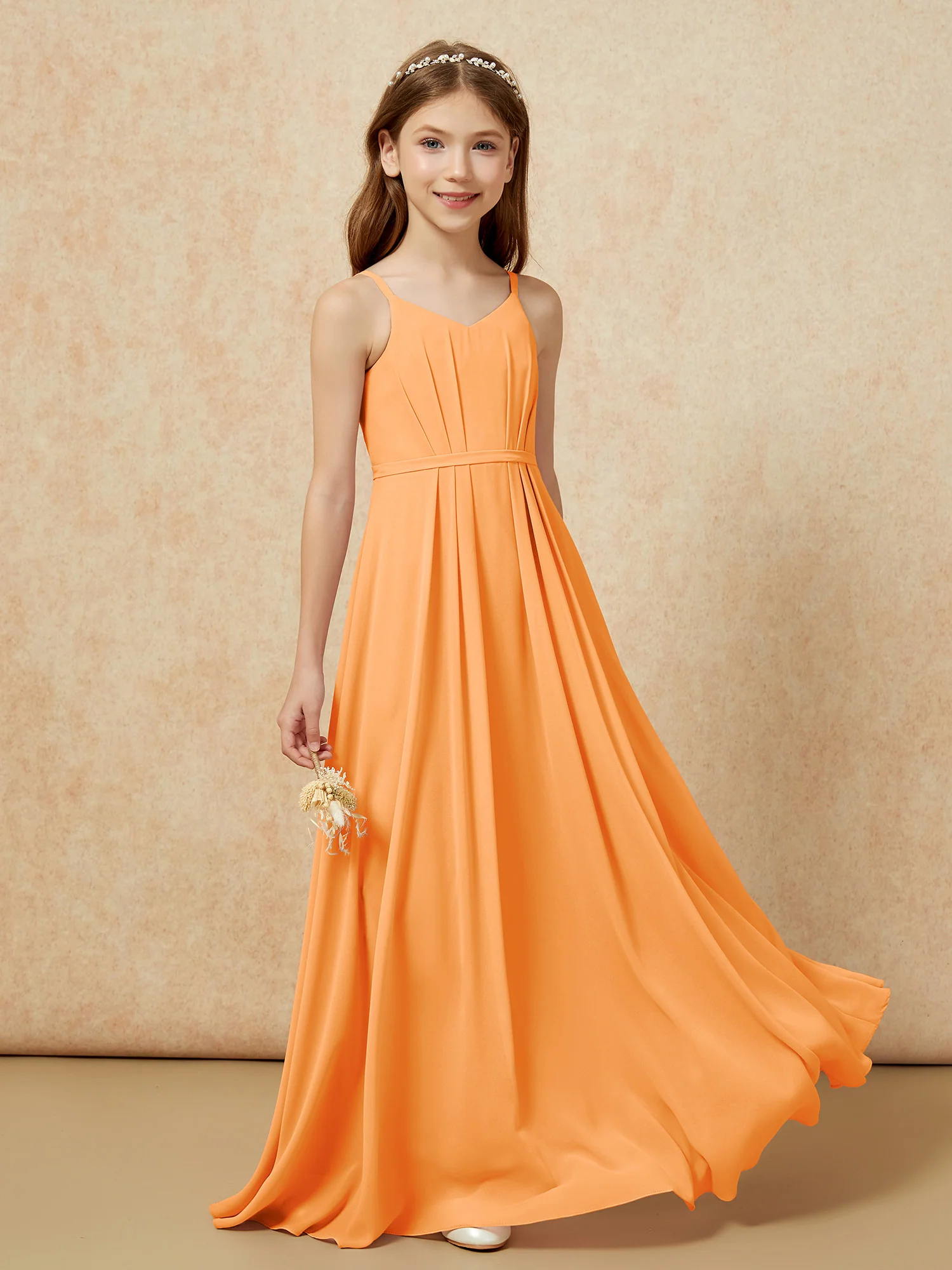 V-neck Spaghetti Straps Chiffon Junior Bridesmaid Dresses Orange - Image 5
