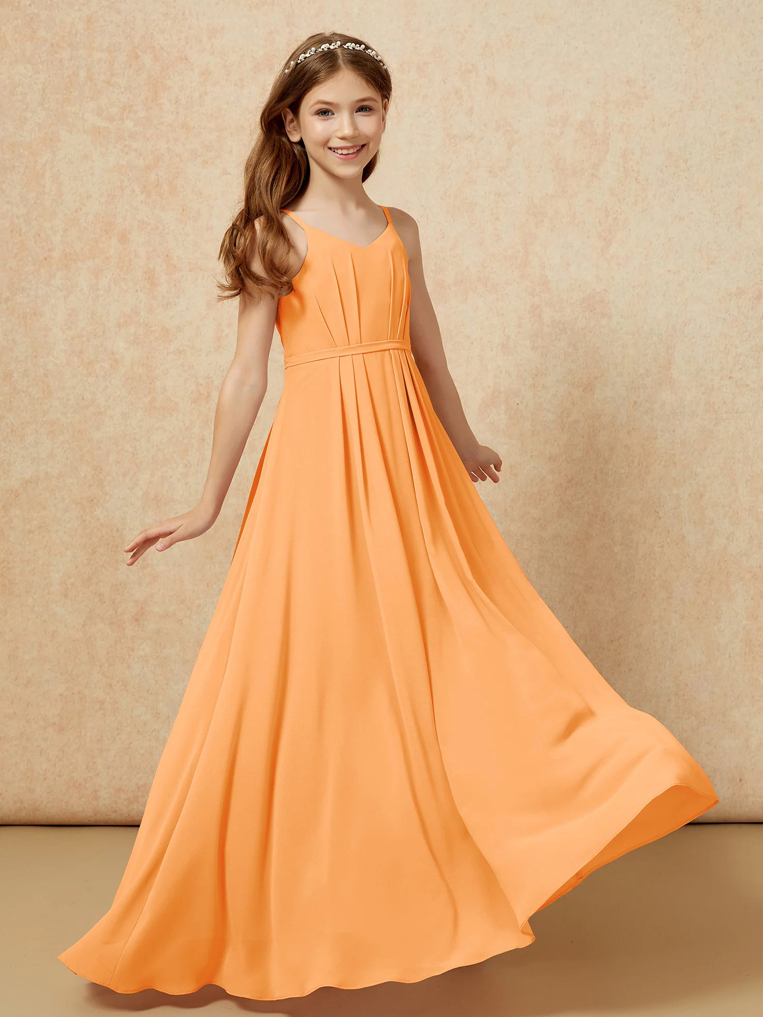 V-neck Spaghetti Straps Chiffon Junior Bridesmaid Dresses Orange - Image 6