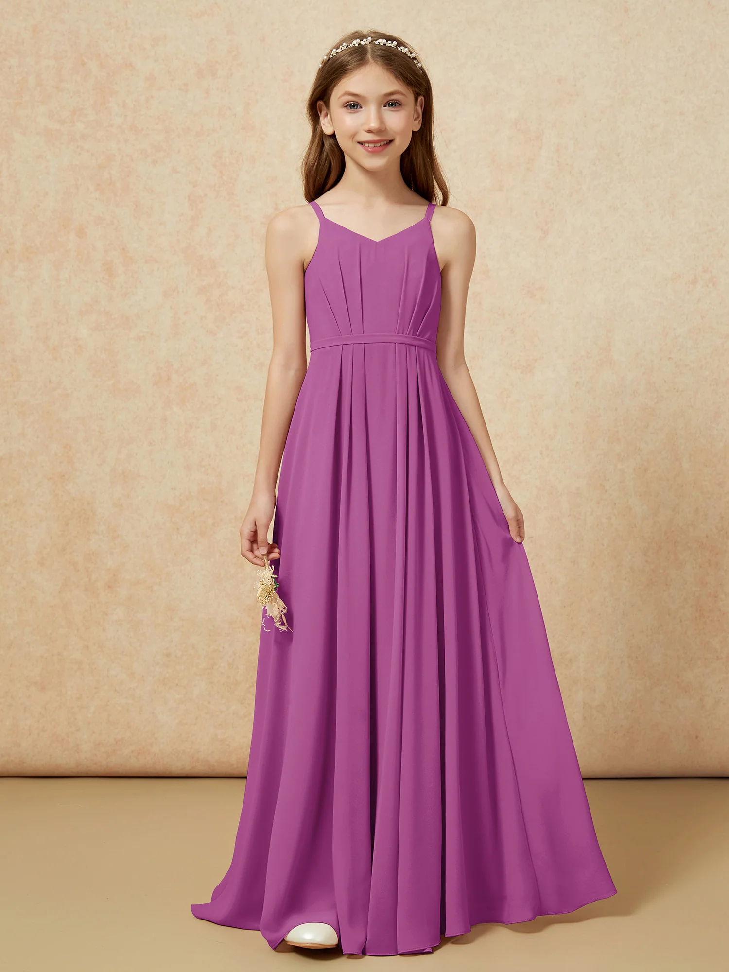 V-neck Spaghetti Straps Chiffon Junior Bridesmaid Dresses Orchid