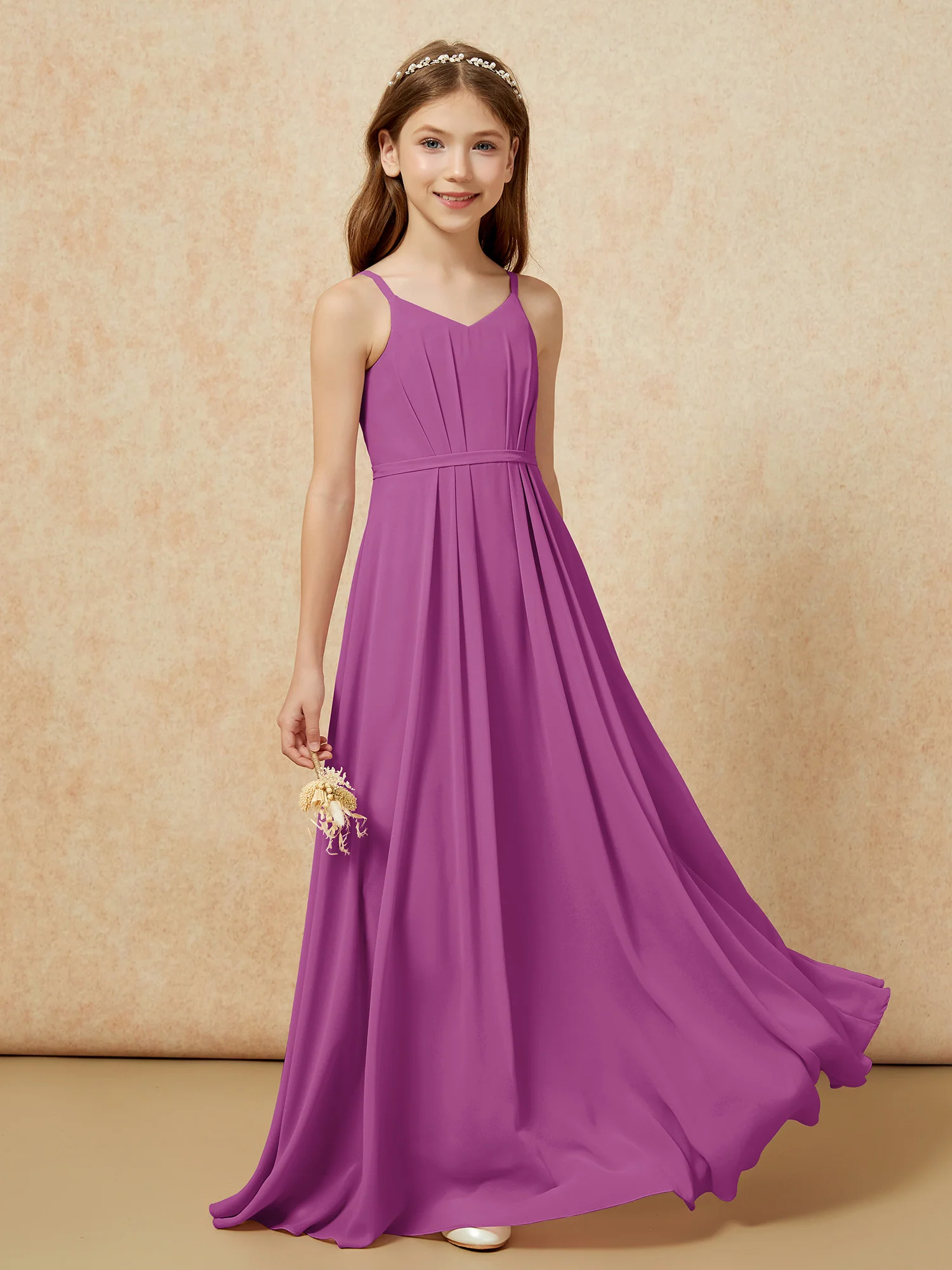 V-neck Spaghetti Straps Chiffon Junior Bridesmaid Dresses Orchid - Image 5