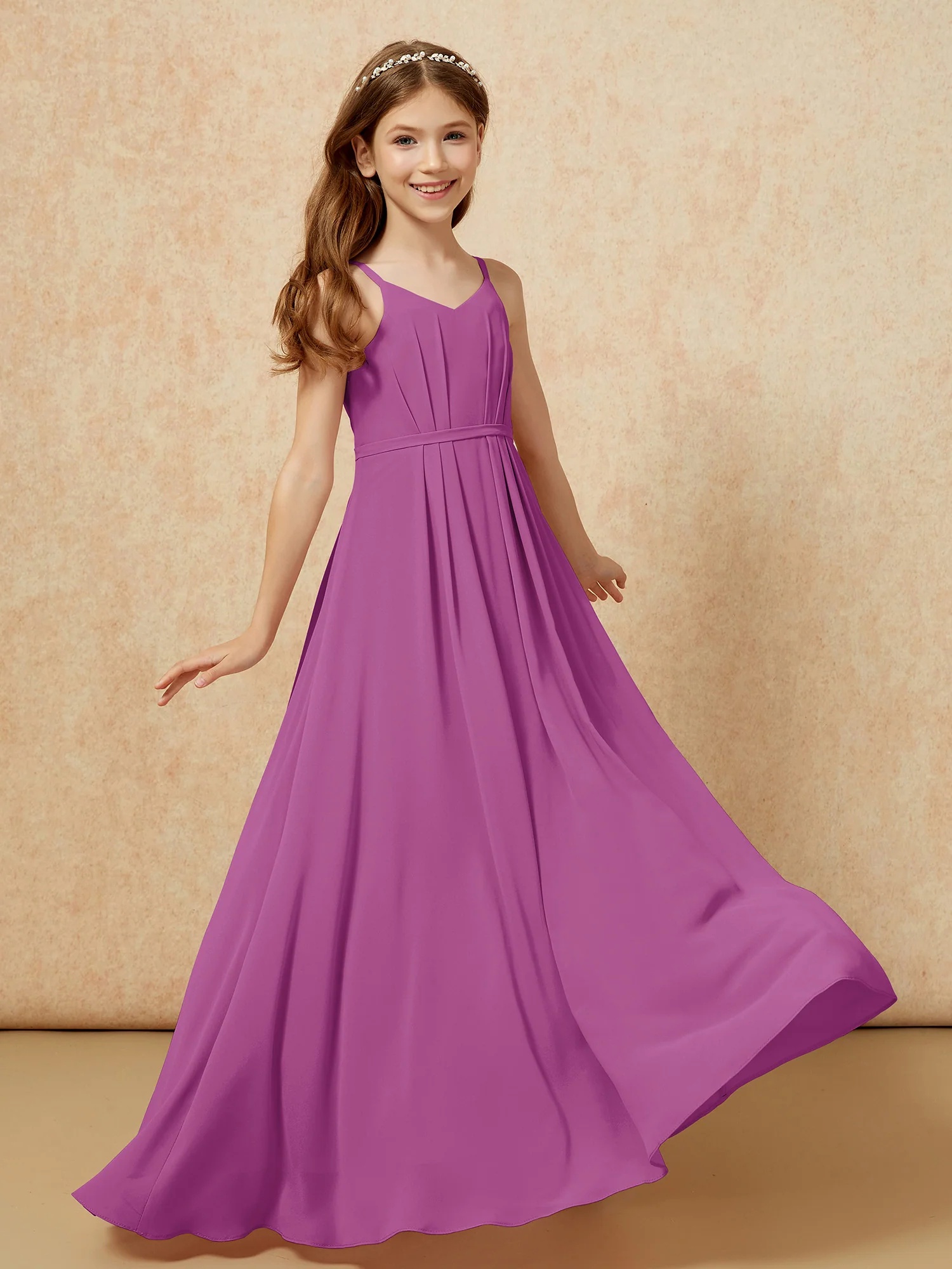V-neck Spaghetti Straps Chiffon Junior Bridesmaid Dresses Orchid - Image 6