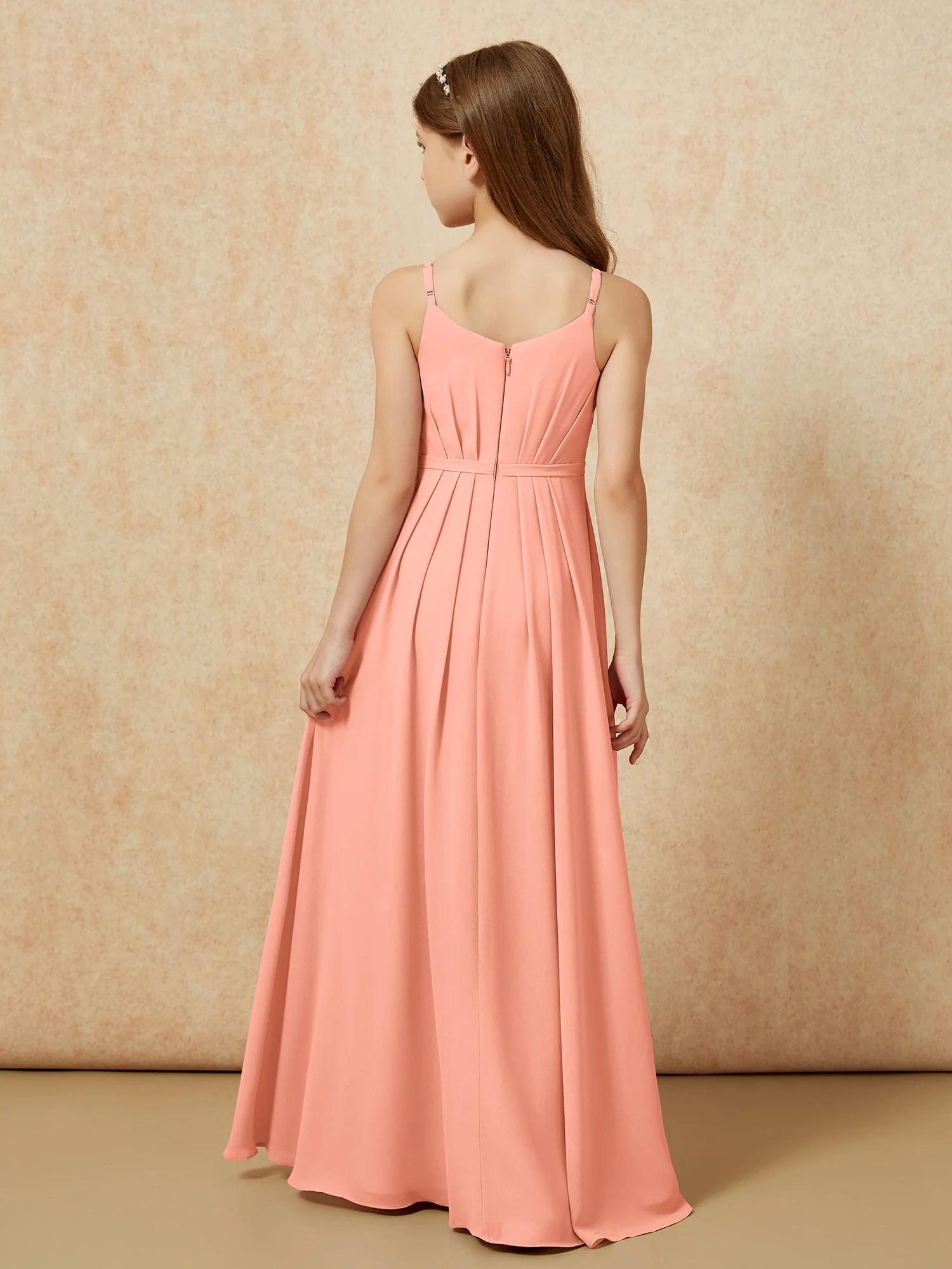 V-neck Spaghetti Straps Chiffon Junior Bridesmaid Dresses Papaya - Image 2