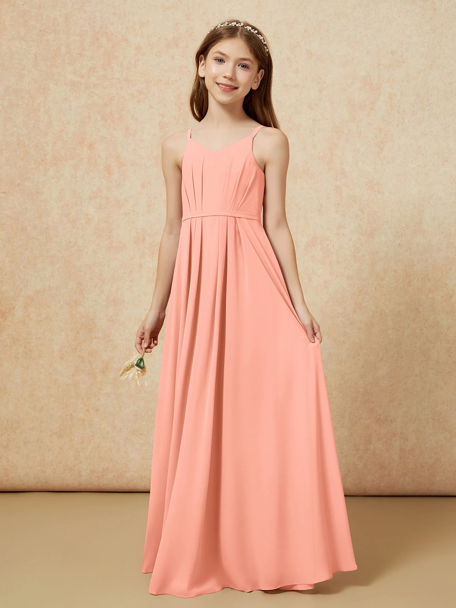 V-neck Spaghetti Straps Chiffon Junior Bridesmaid Dresses Papaya - Image 3