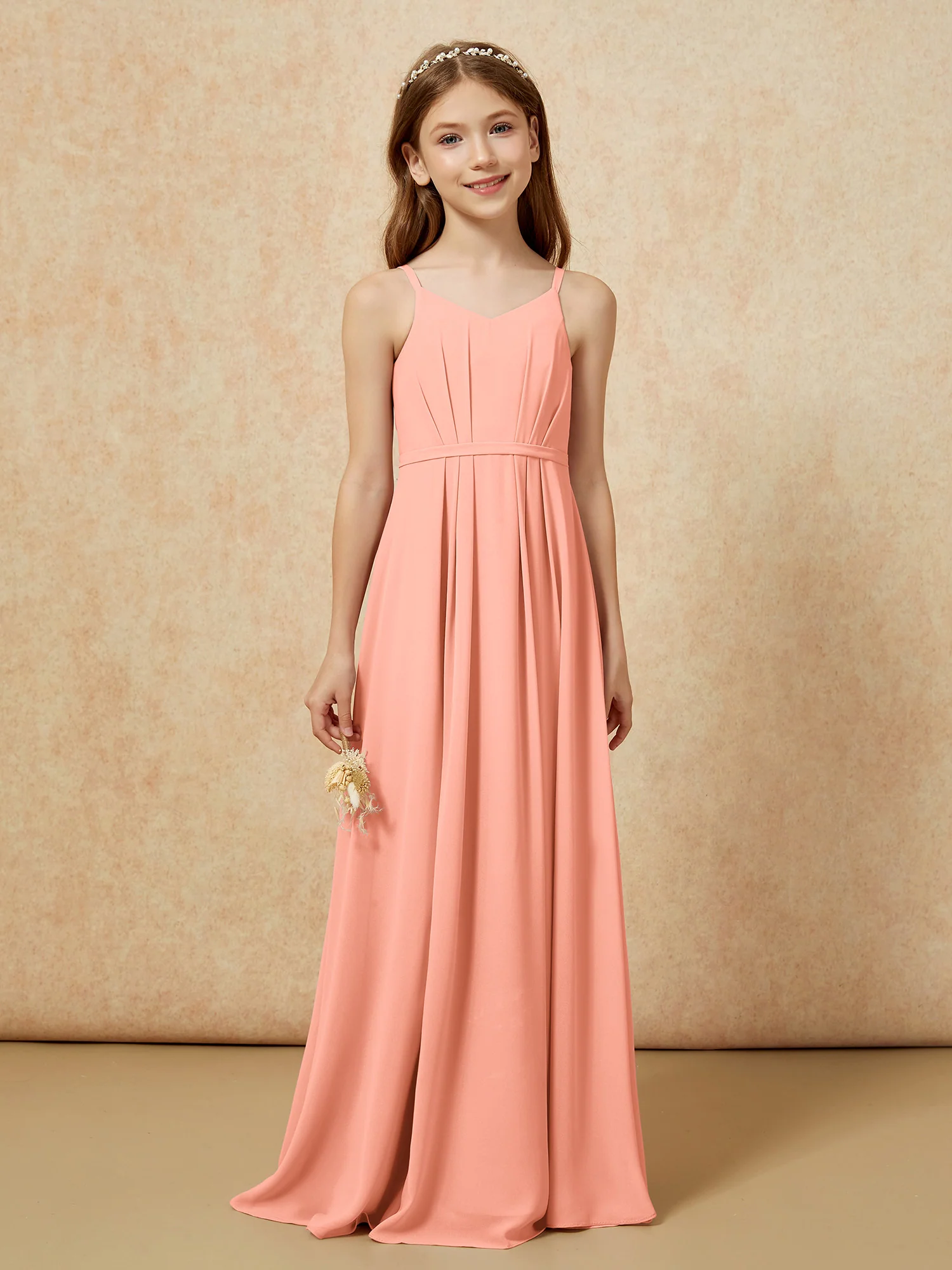 V-neck Spaghetti Straps Chiffon Junior Bridesmaid Dresses Papaya - Image 4