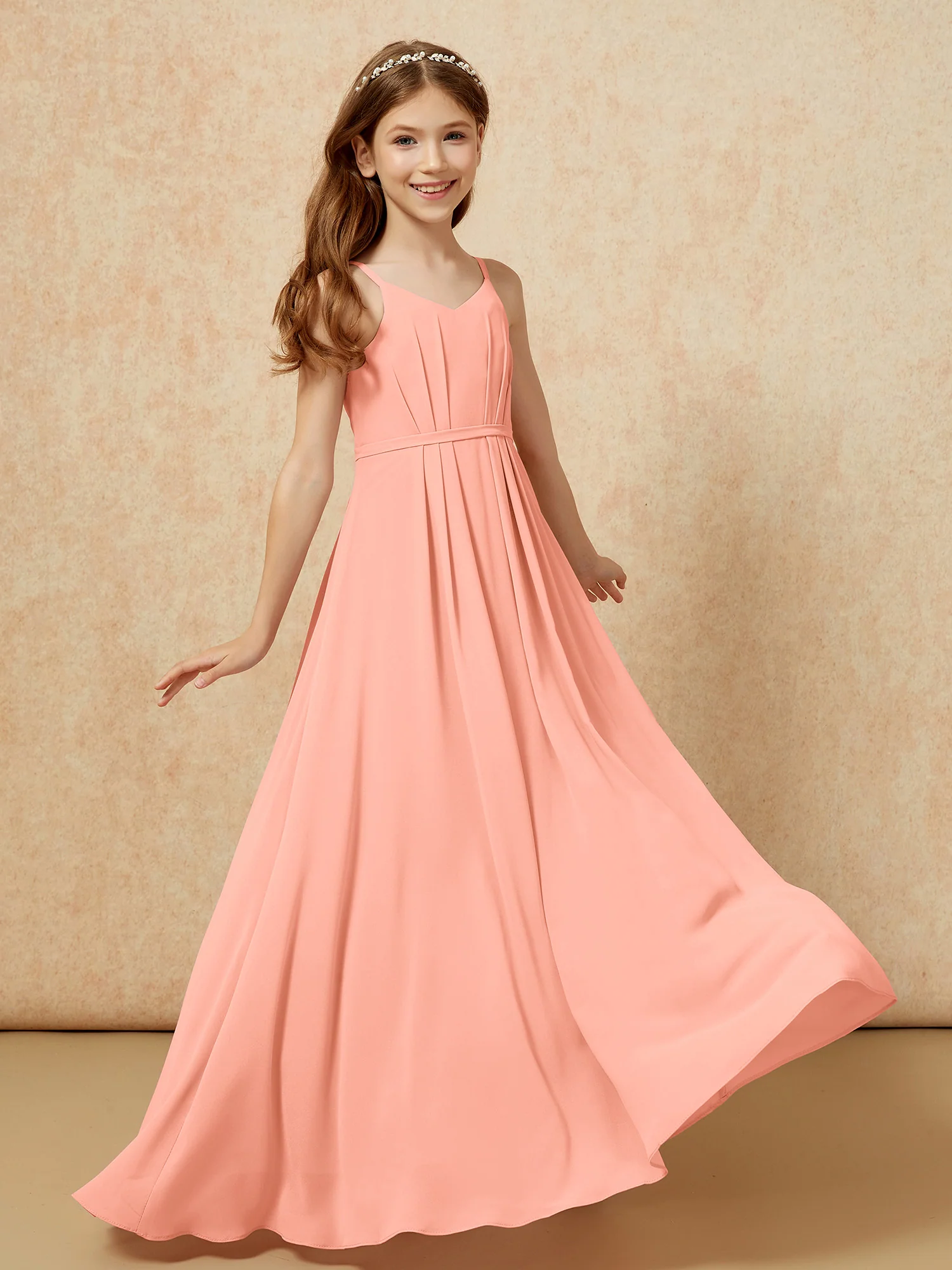V-neck Spaghetti Straps Chiffon Junior Bridesmaid Dresses Papaya - Image 6