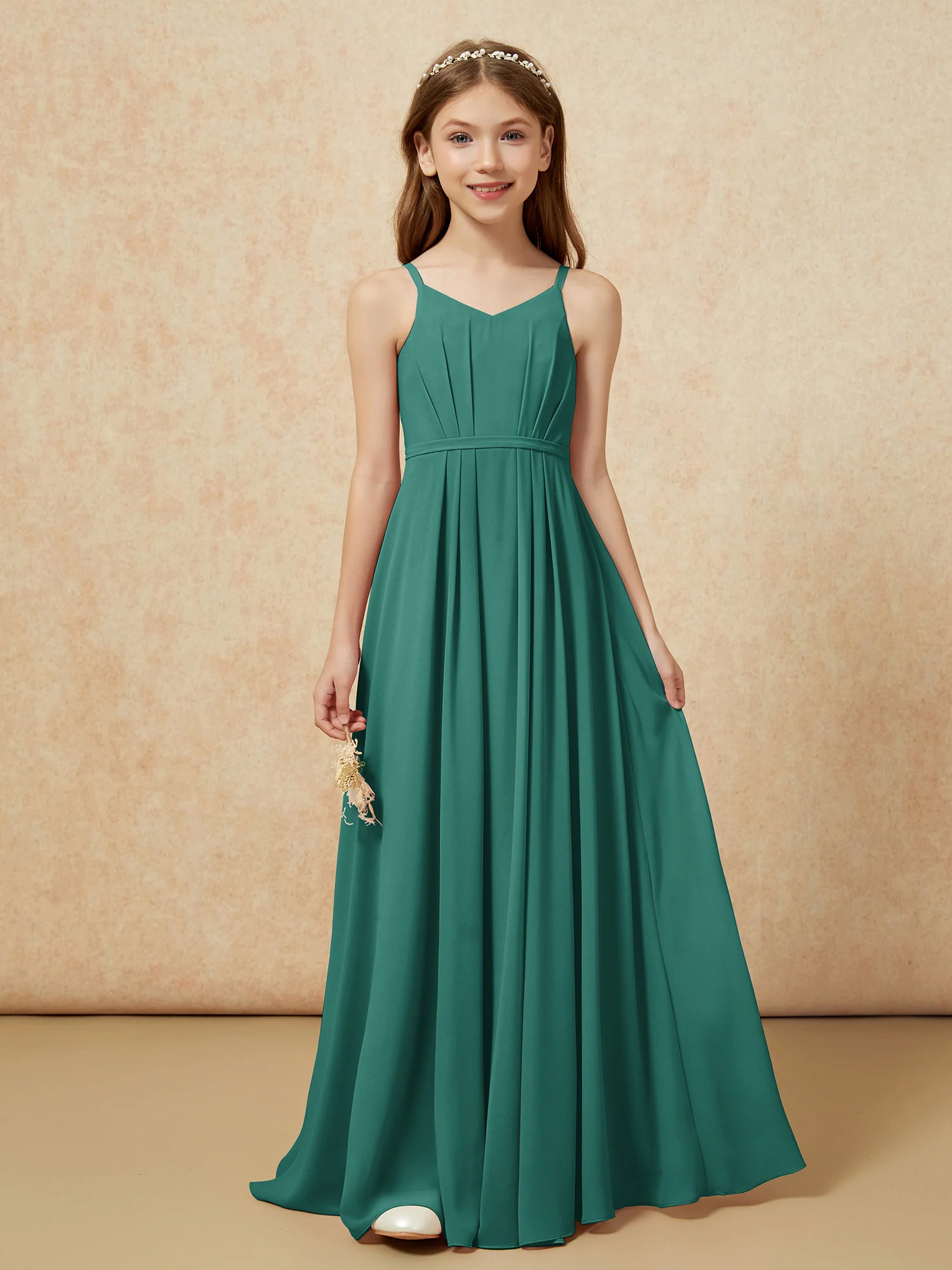 V-neck Spaghetti Straps Chiffon Junior Bridesmaid Dresses Peacock