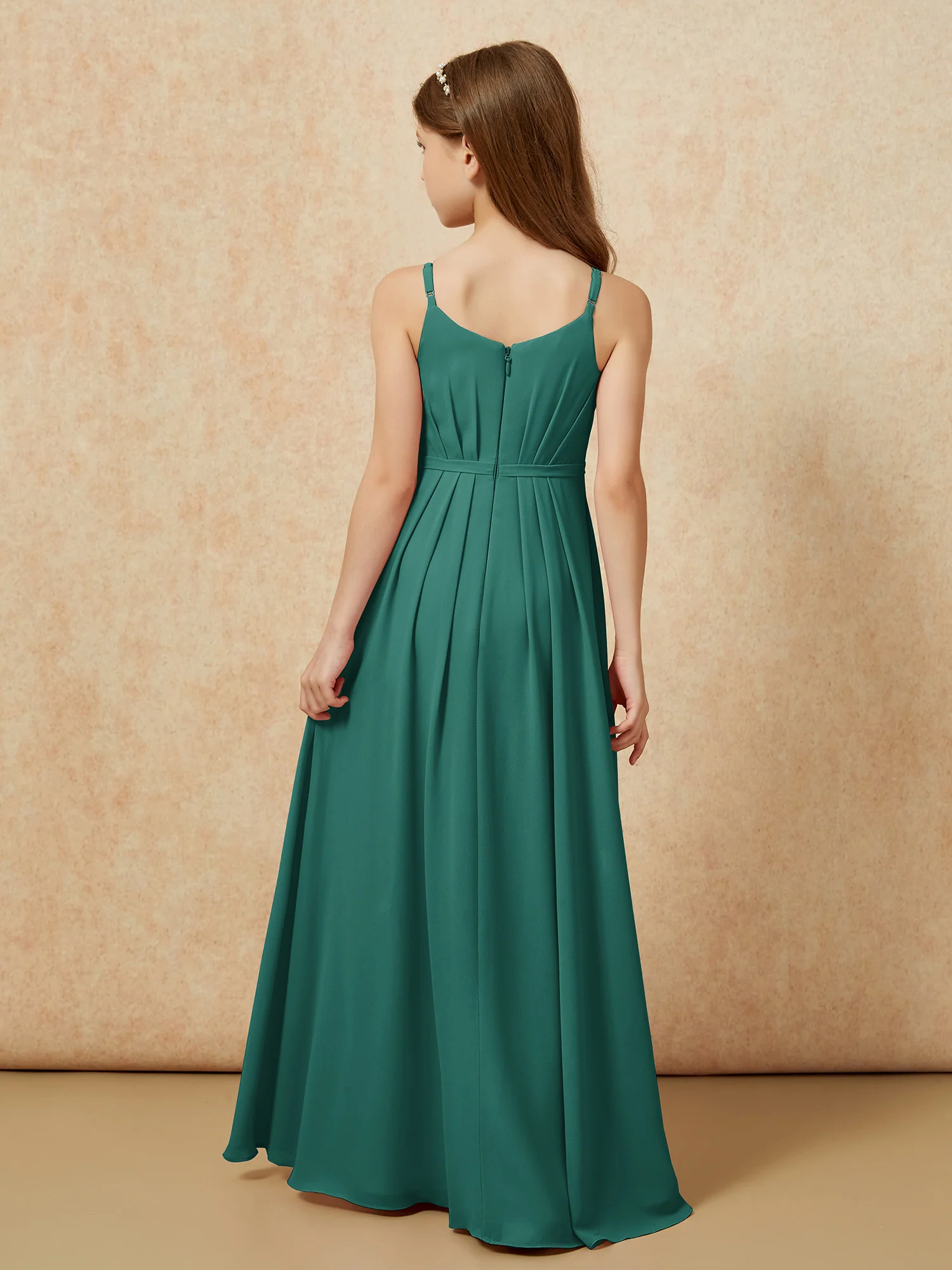 V-neck Spaghetti Straps Chiffon Junior Bridesmaid Dresses Peacock - Image 2