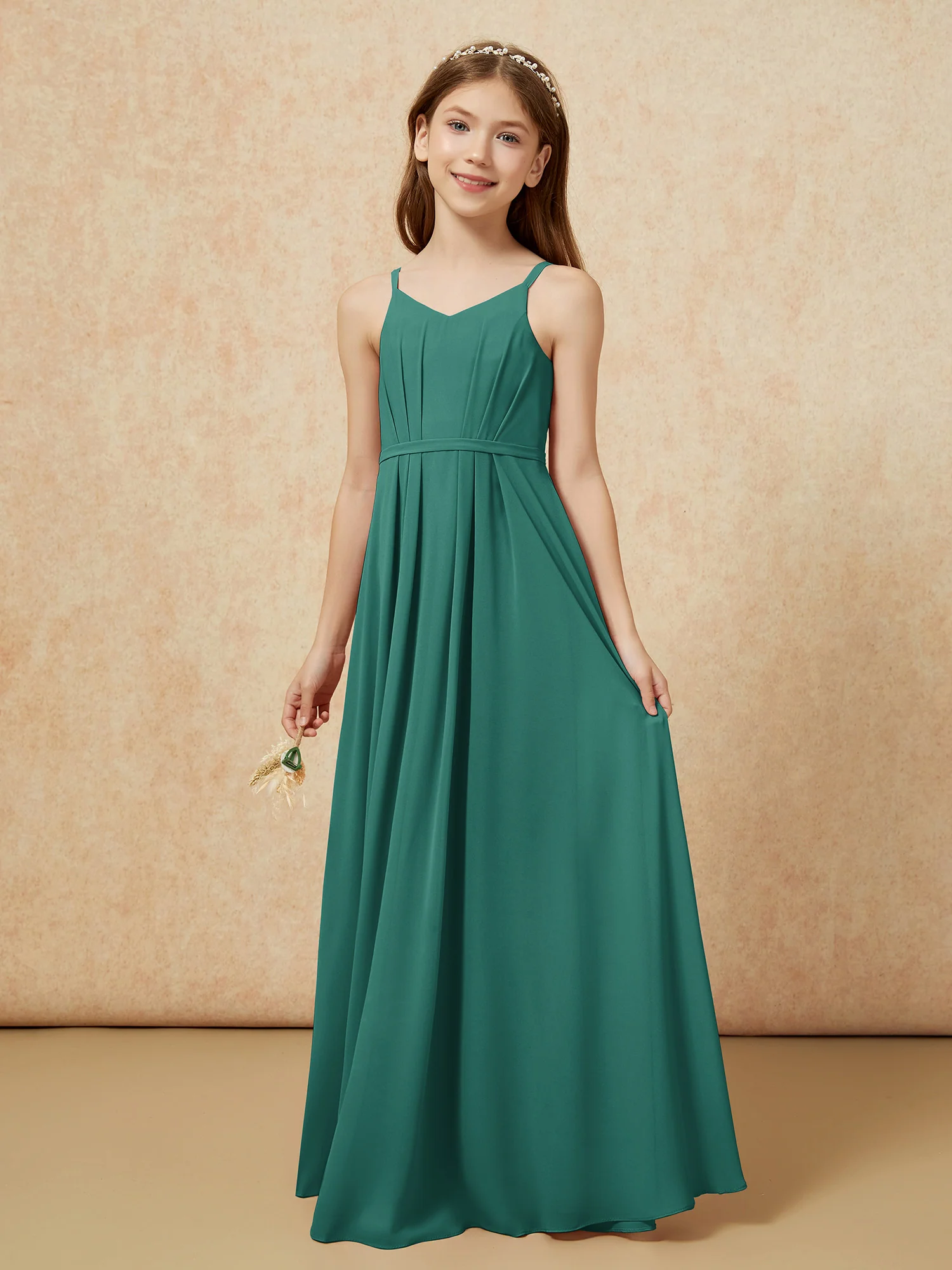 V-neck Spaghetti Straps Chiffon Junior Bridesmaid Dresses Peacock - Image 3