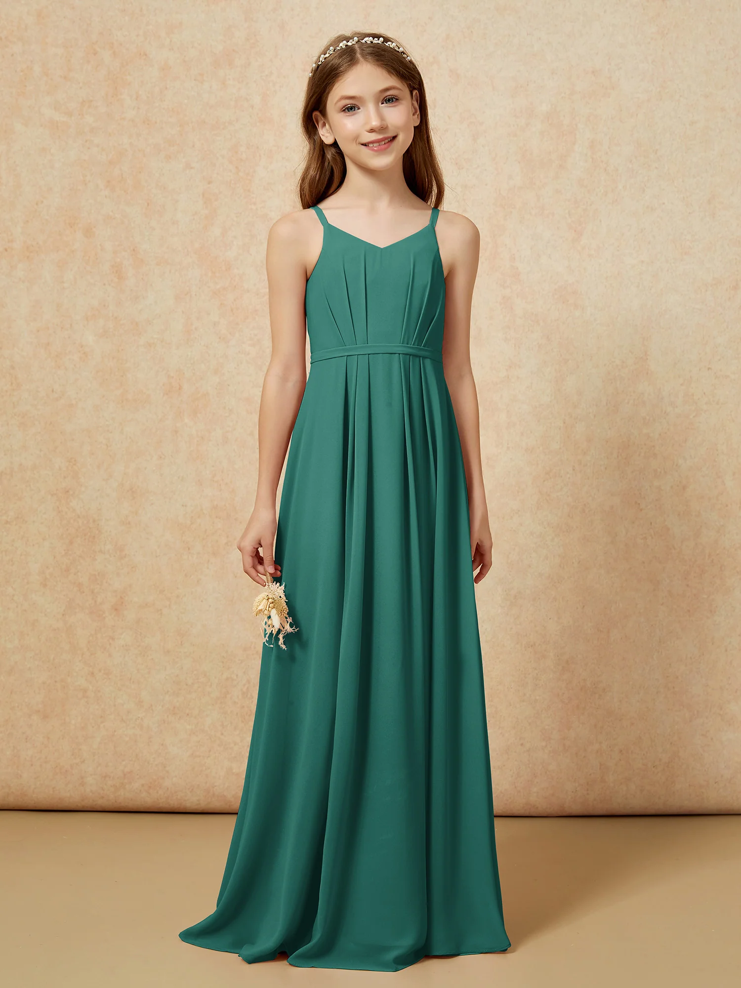 V-neck Spaghetti Straps Chiffon Junior Bridesmaid Dresses Peacock - Image 4