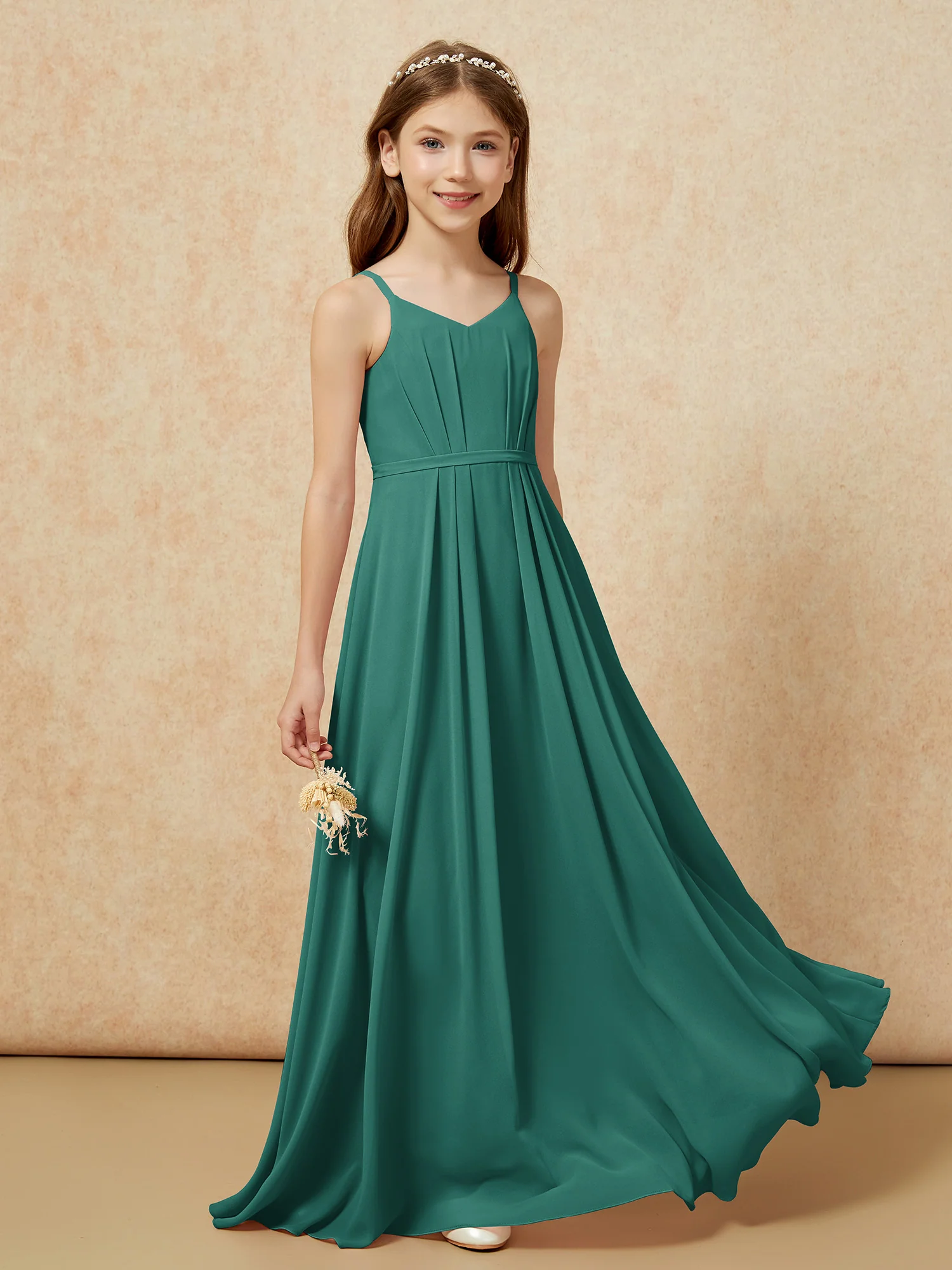 V-neck Spaghetti Straps Chiffon Junior Bridesmaid Dresses Peacock - Image 5