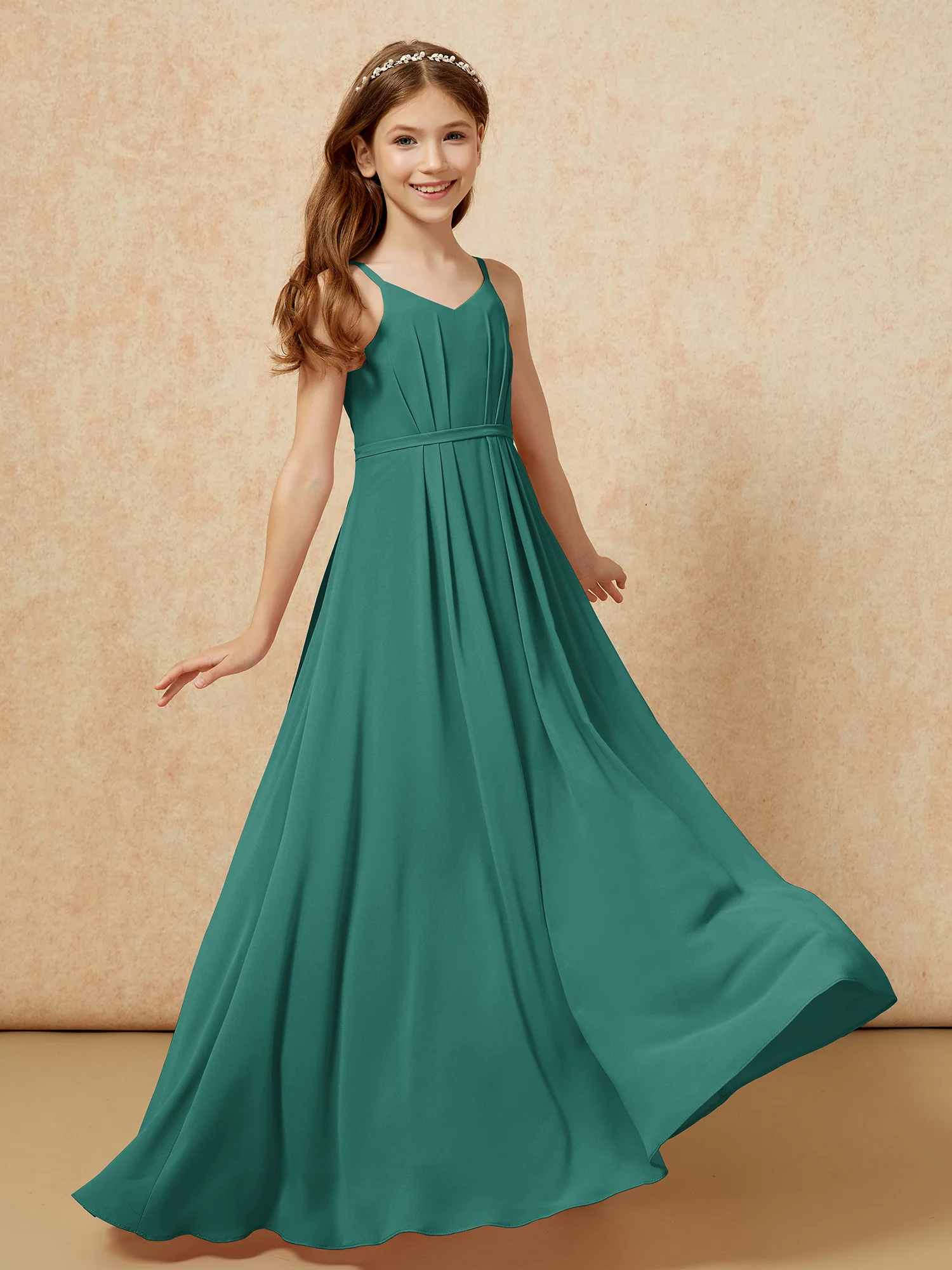 V-neck Spaghetti Straps Chiffon Junior Bridesmaid Dresses Peacock - Image 6