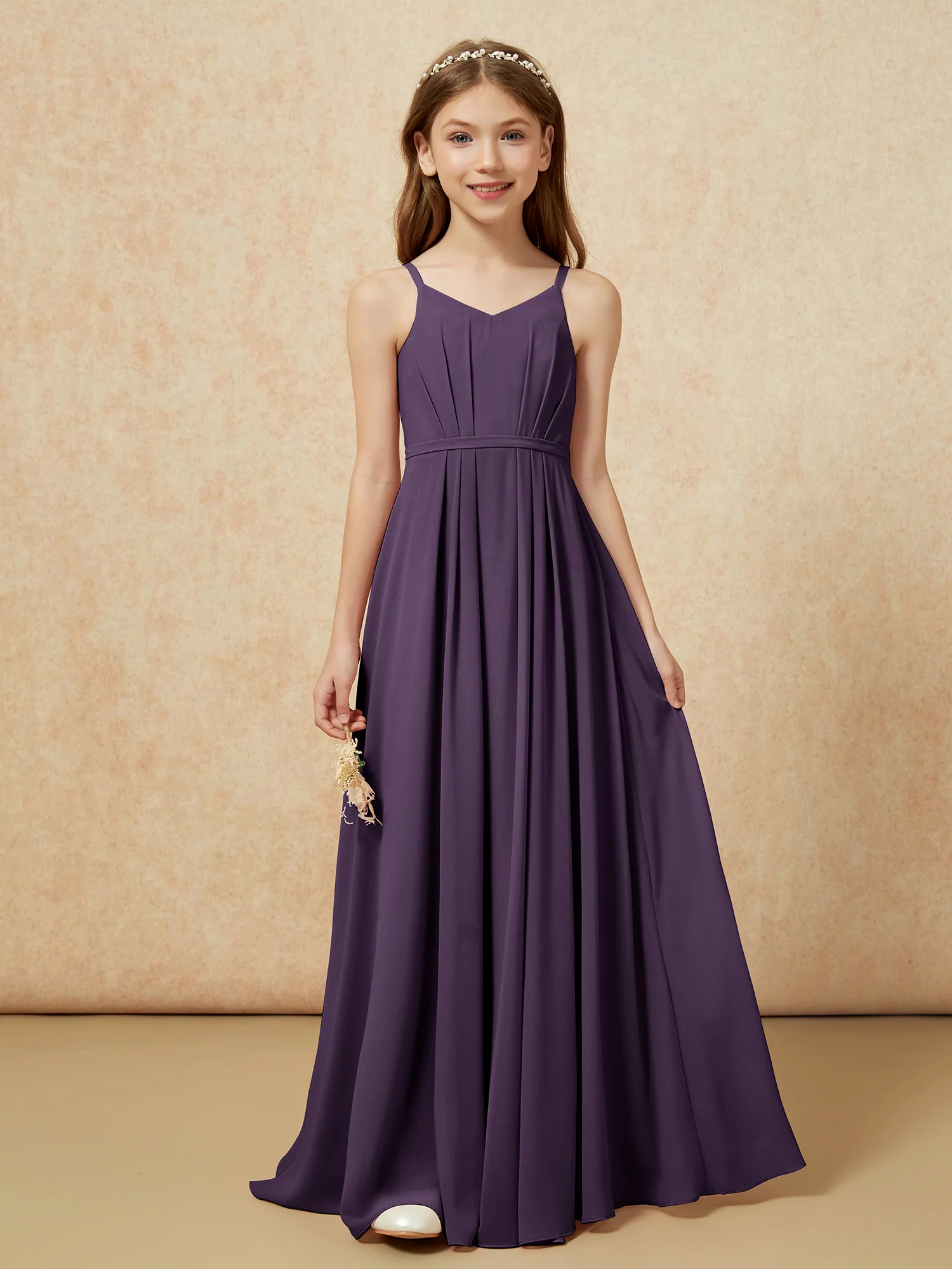 V-neck Spaghetti Straps Chiffon Junior Bridesmaid Dresses Plum