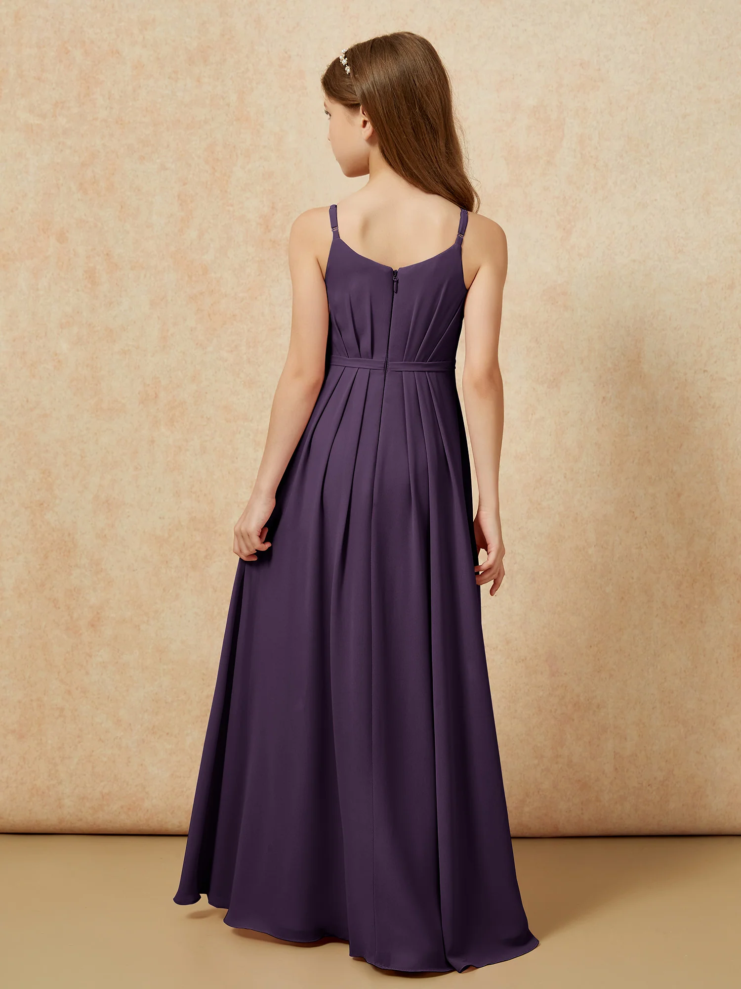 V-neck Spaghetti Straps Chiffon Junior Bridesmaid Dresses Plum - Image 2