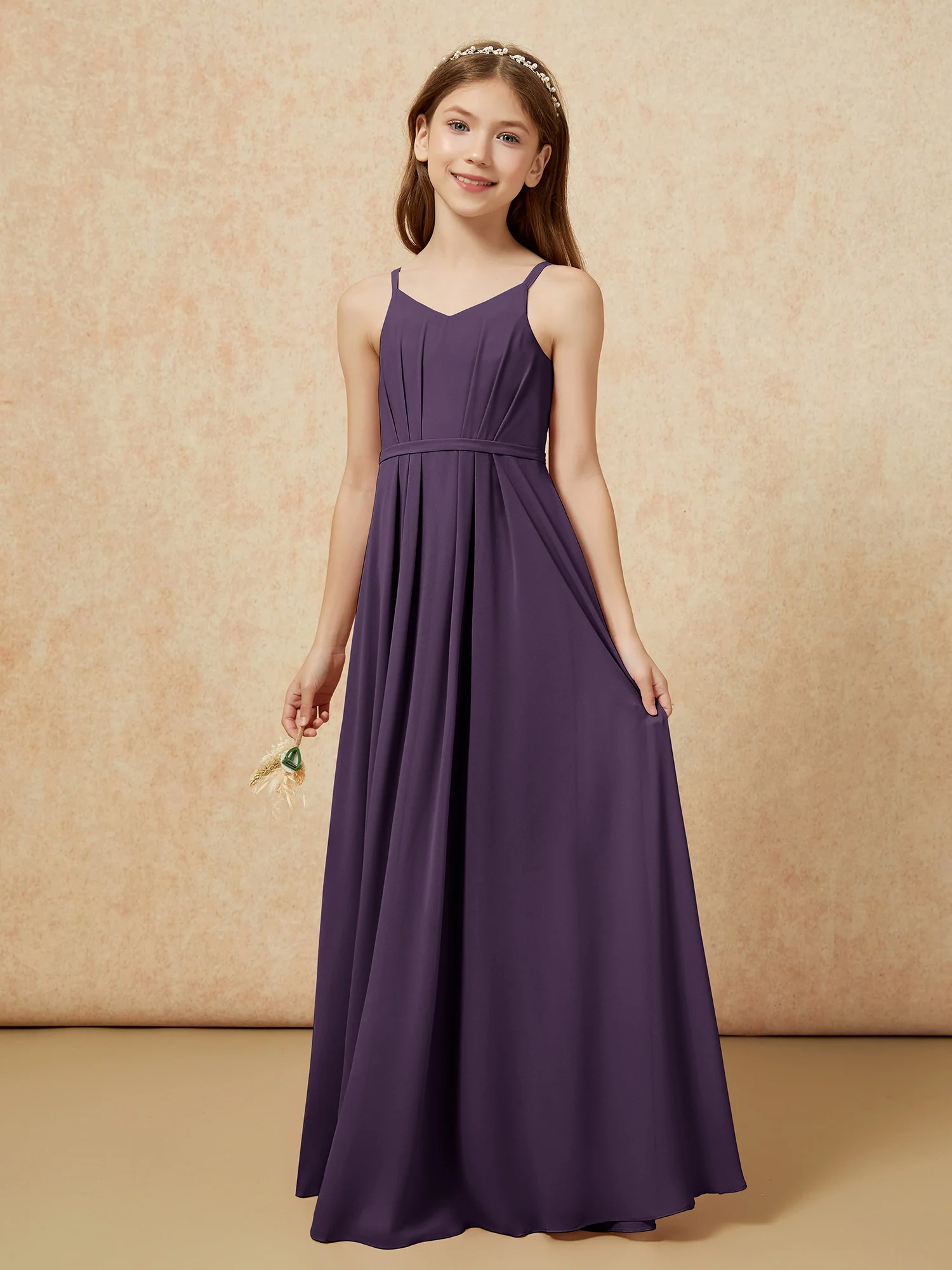 V-neck Spaghetti Straps Chiffon Junior Bridesmaid Dresses Plum - Image 3