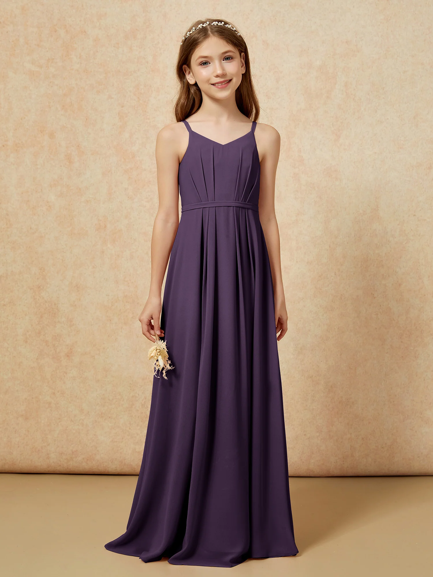 V-neck Spaghetti Straps Chiffon Junior Bridesmaid Dresses Plum - Image 4