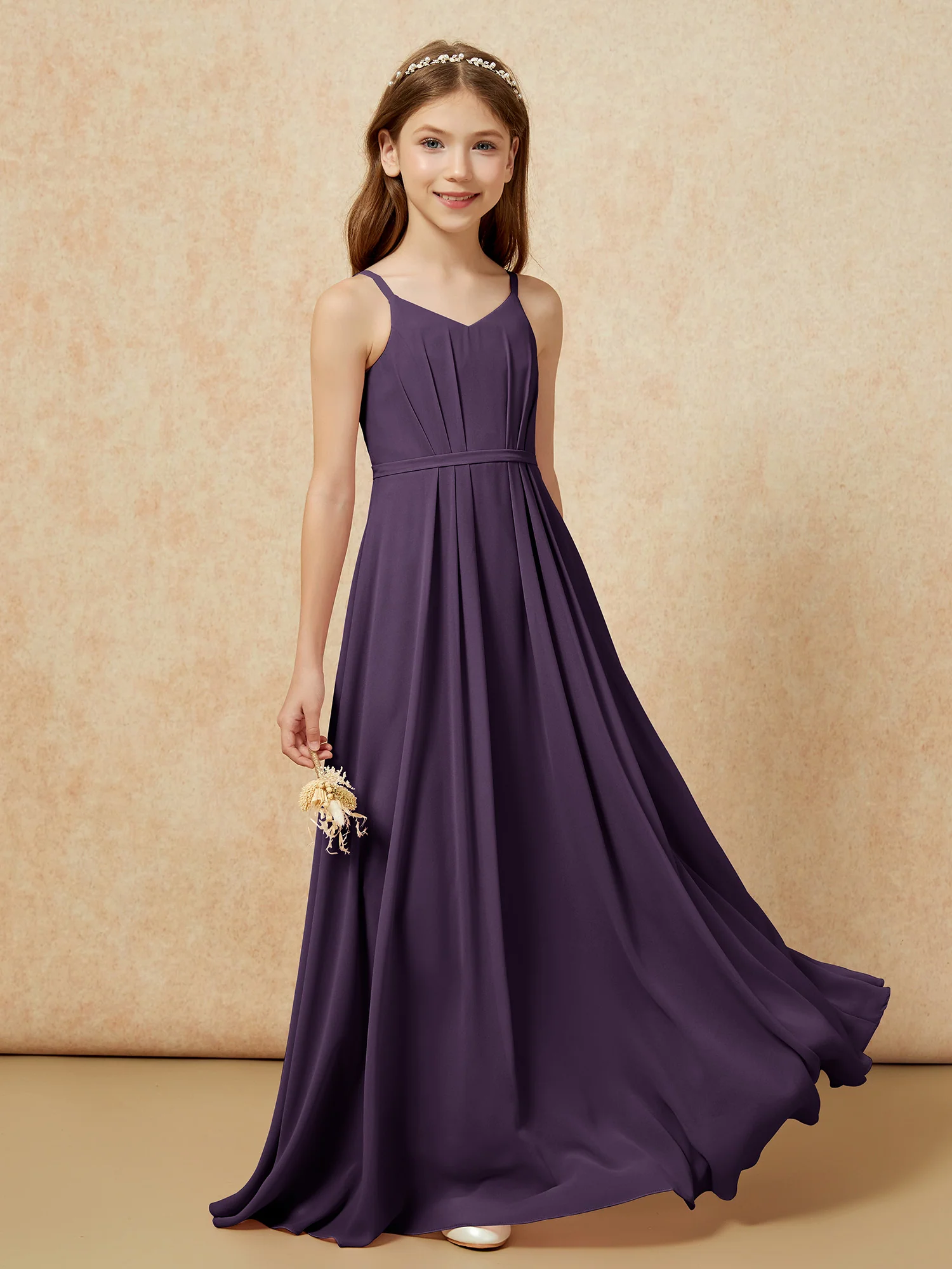 V-neck Spaghetti Straps Chiffon Junior Bridesmaid Dresses Plum - Image 5