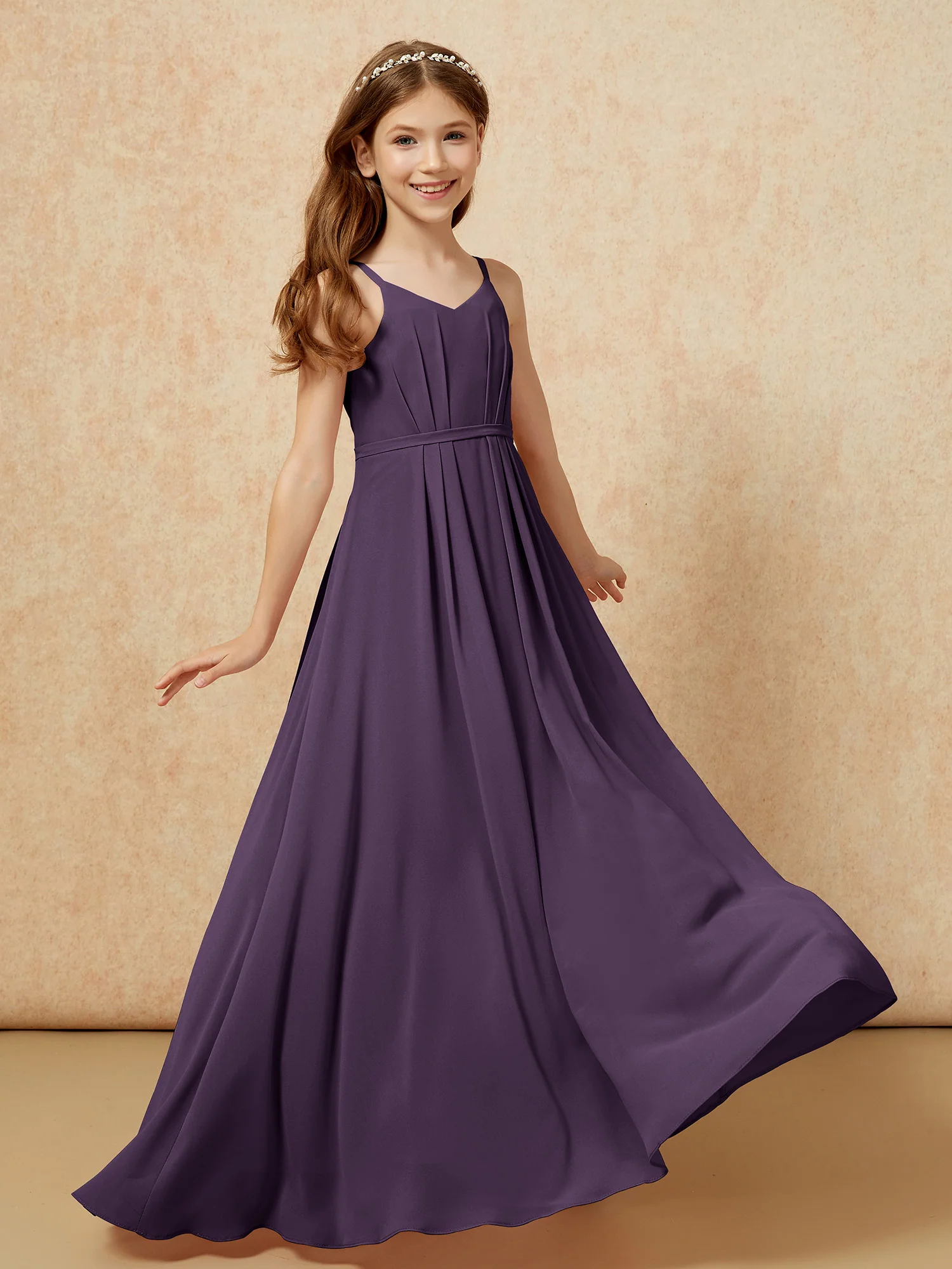 V-neck Spaghetti Straps Chiffon Junior Bridesmaid Dresses Plum - Image 6