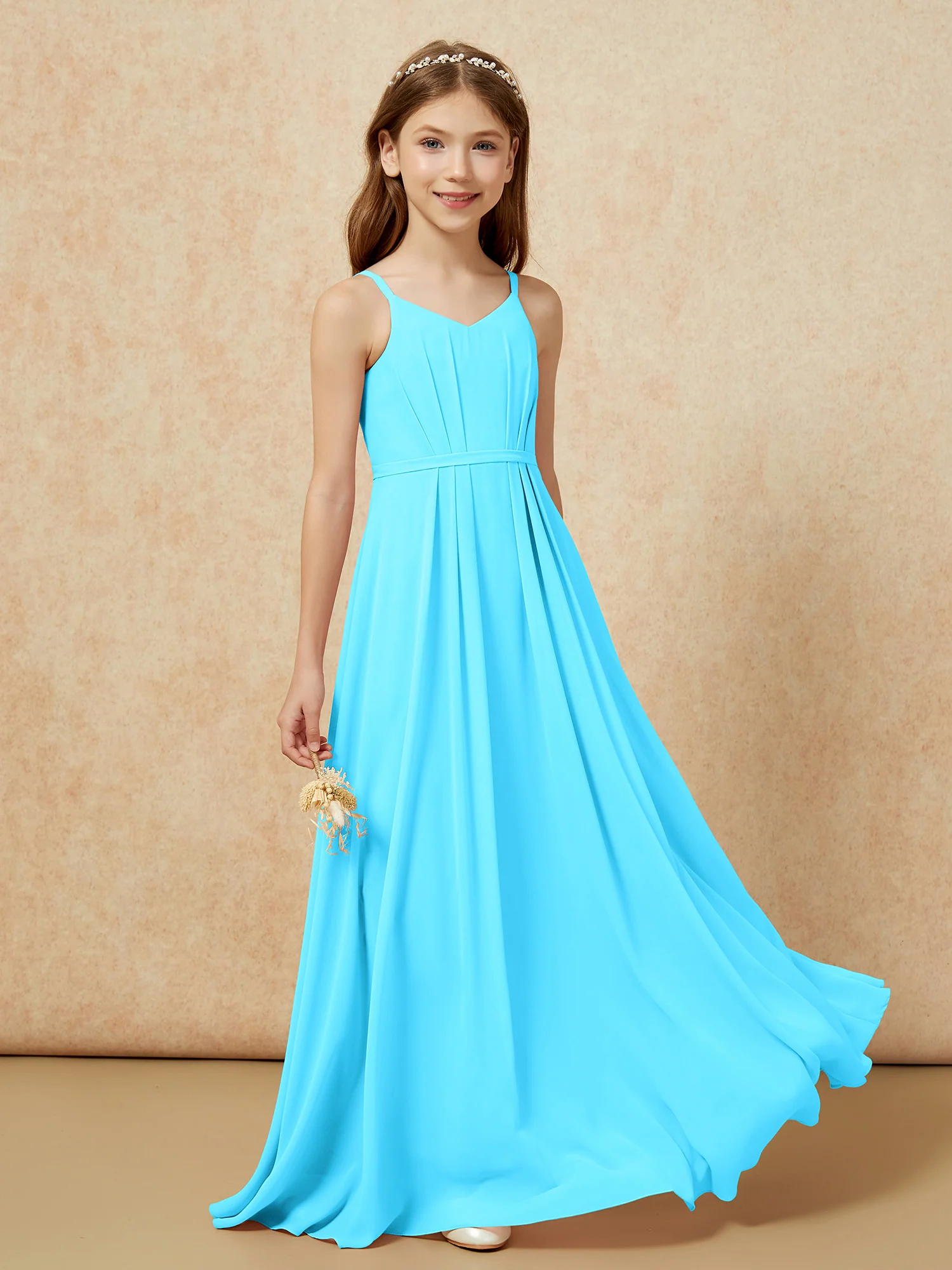 V-neck Spaghetti Straps Chiffon Junior Bridesmaid Dresses Pool - Image 5
