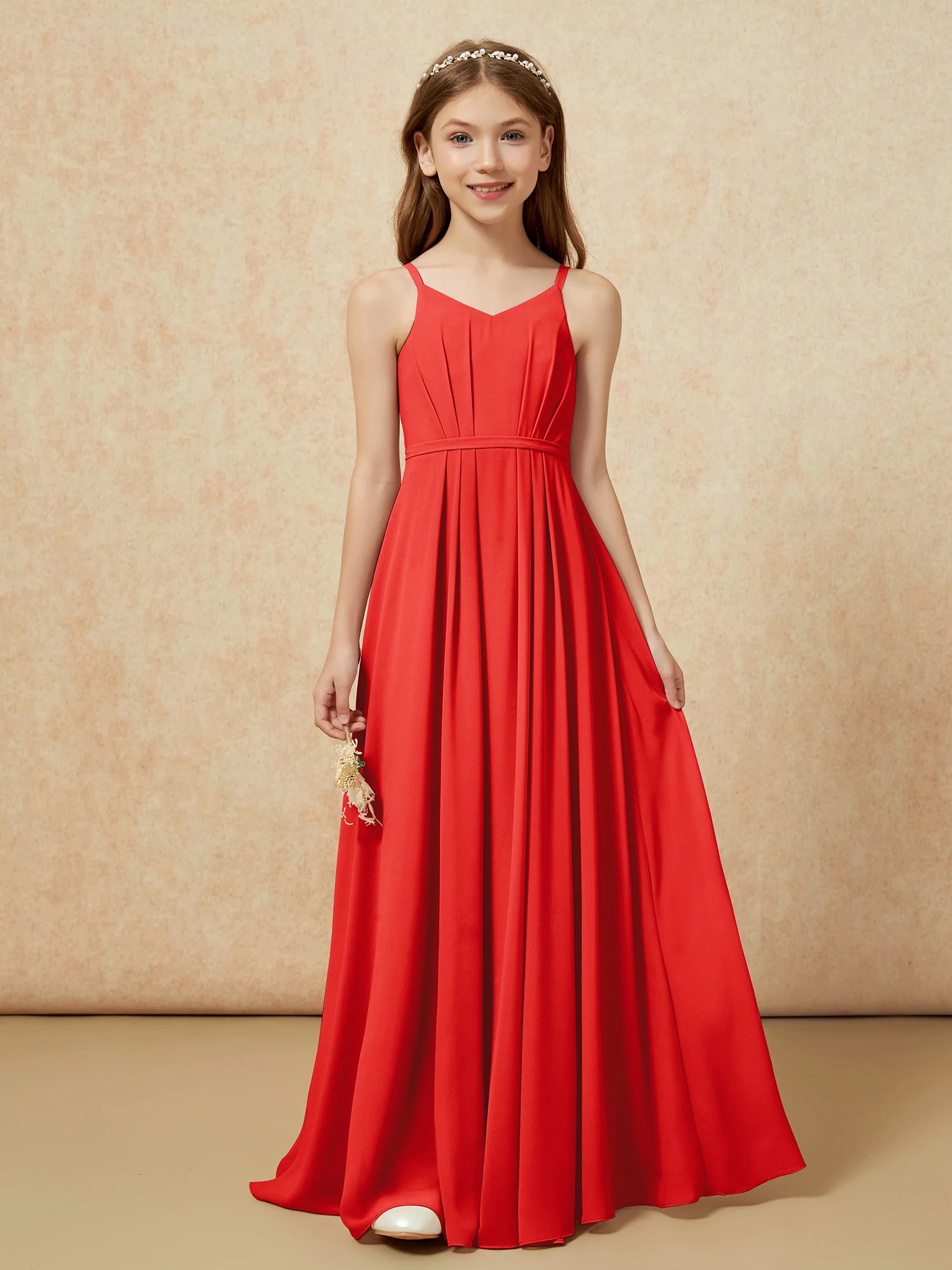V-neck Spaghetti Straps Chiffon Junior Bridesmaid Dresses Red