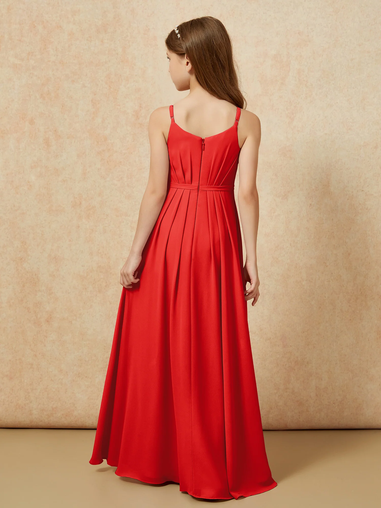 V-neck Spaghetti Straps Chiffon Junior Bridesmaid Dresses Red - Image 2