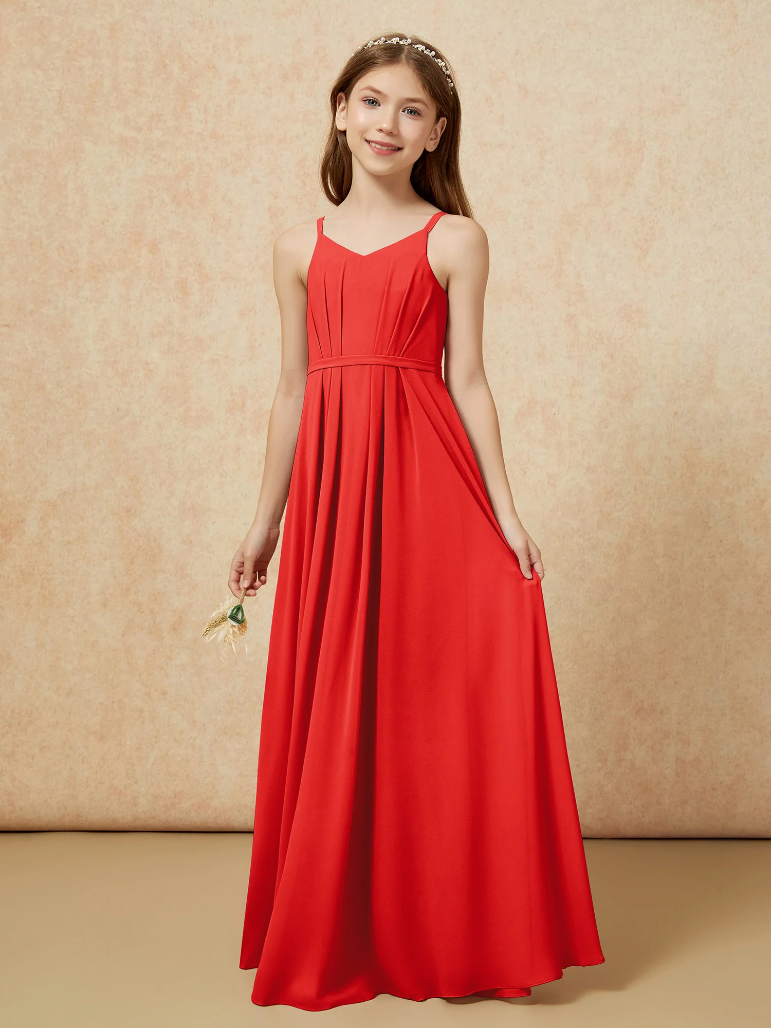V-neck Spaghetti Straps Chiffon Junior Bridesmaid Dresses Red - Image 3