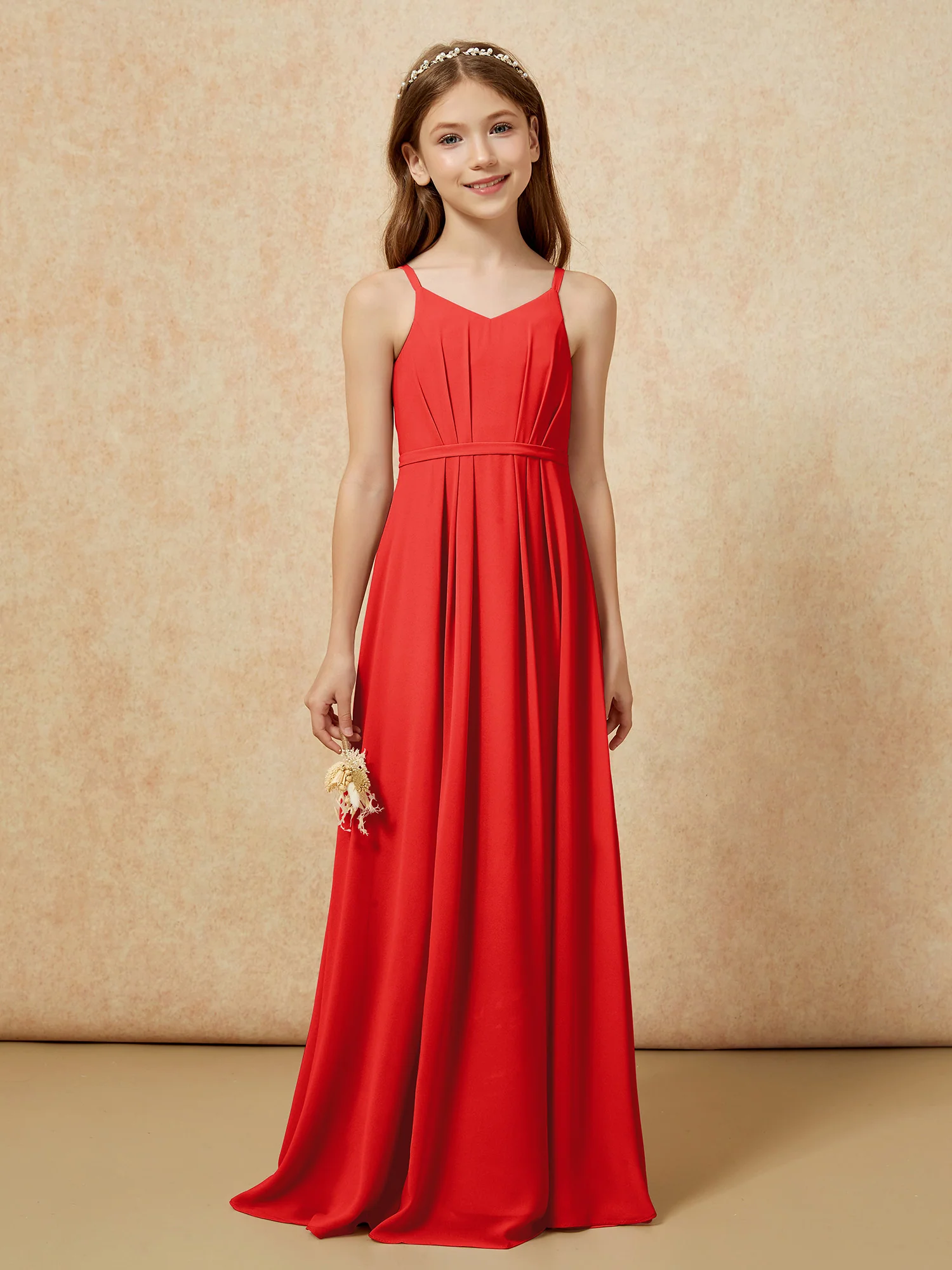 V-neck Spaghetti Straps Chiffon Junior Bridesmaid Dresses Red - Image 4