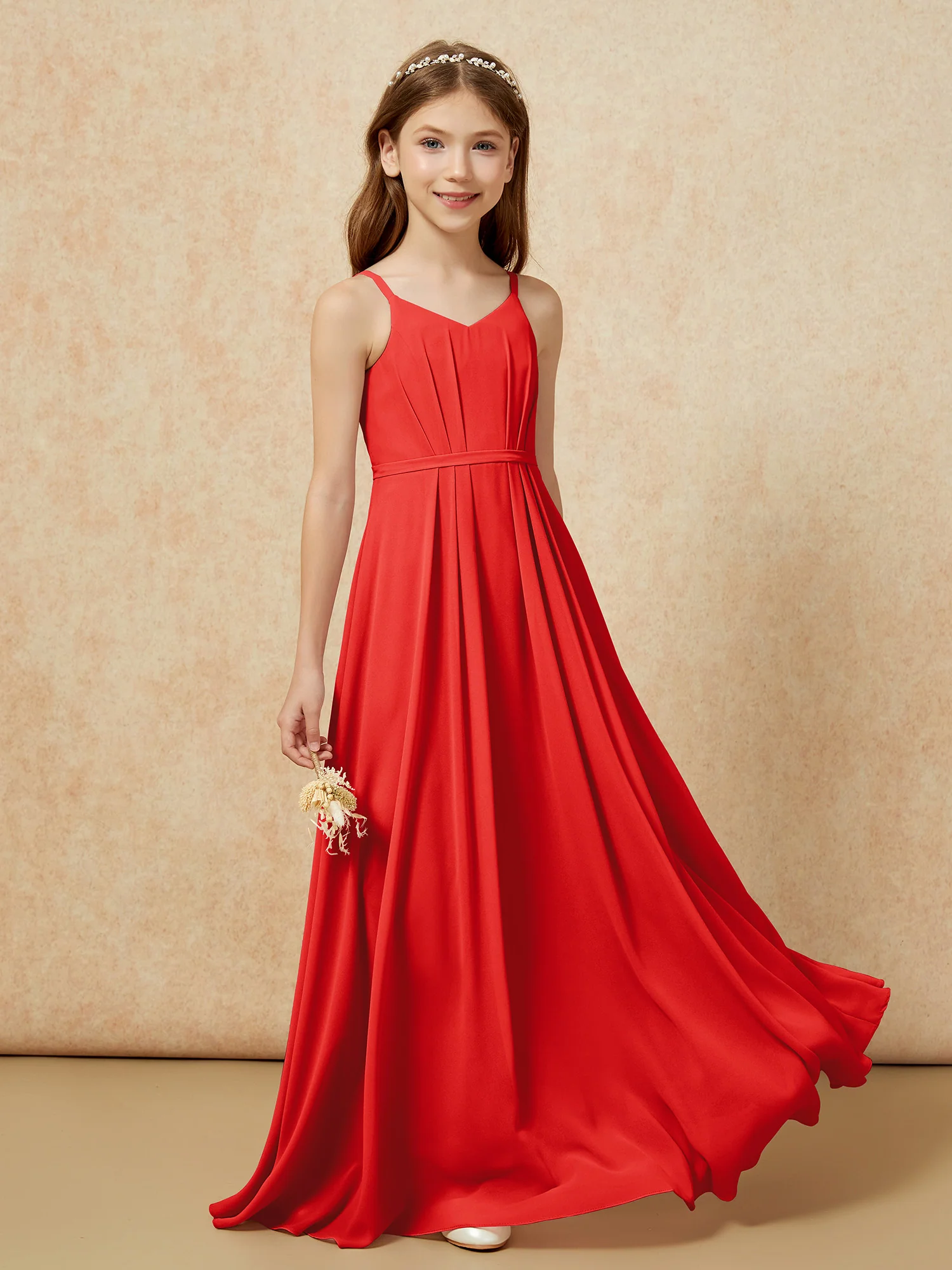 V-neck Spaghetti Straps Chiffon Junior Bridesmaid Dresses Red - Image 5