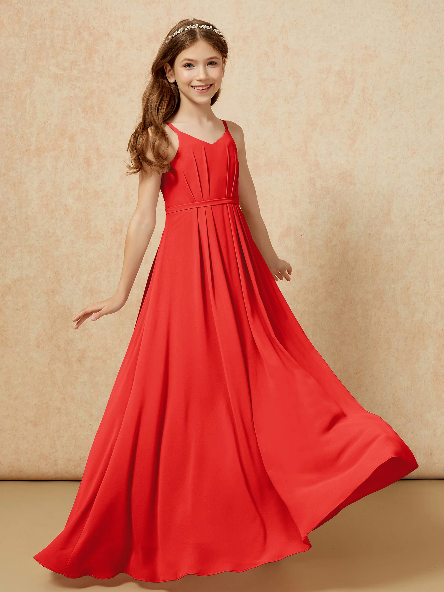 V-neck Spaghetti Straps Chiffon Junior Bridesmaid Dresses Red - Image 6