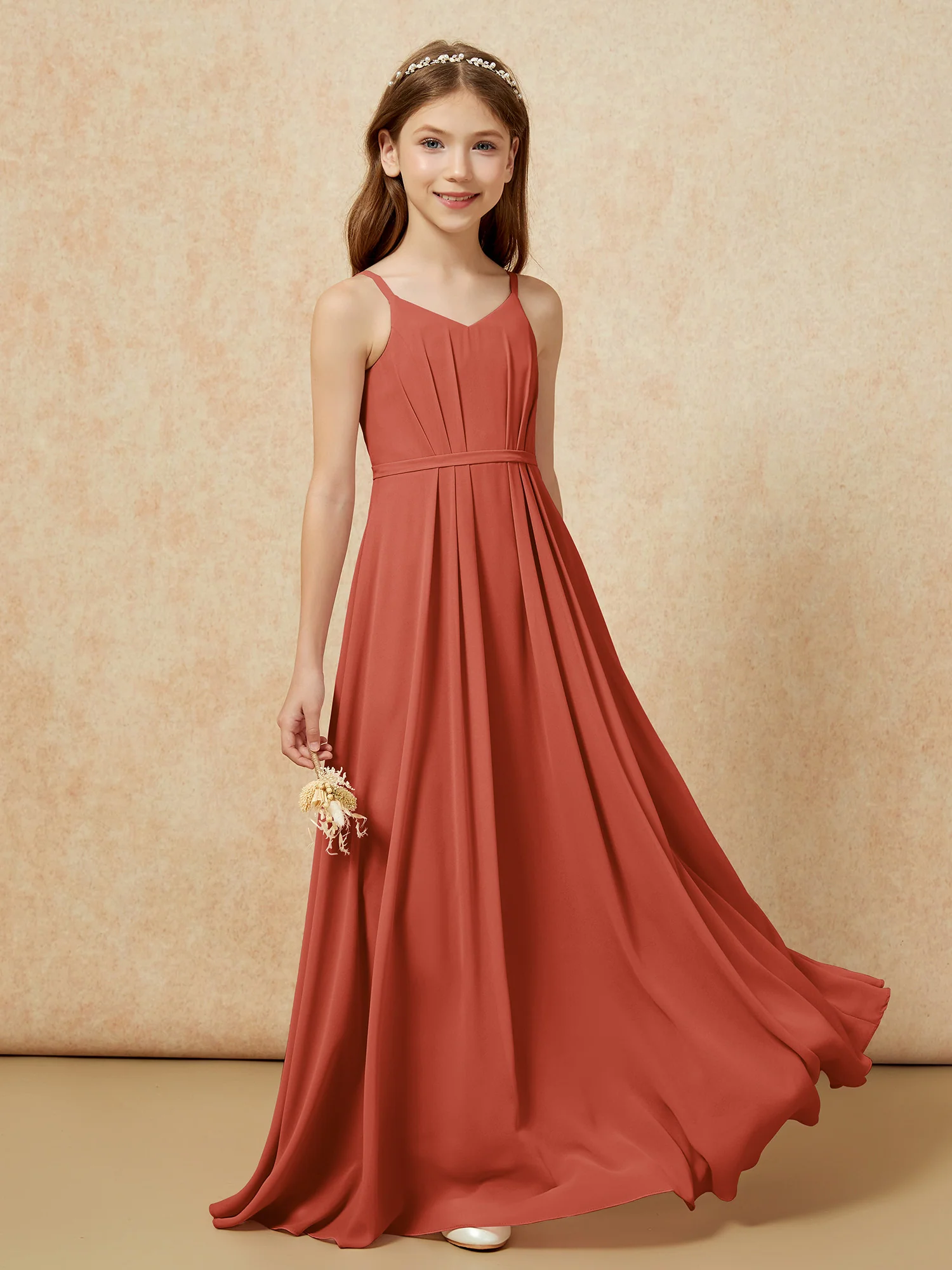 V-neck Spaghetti Straps Chiffon Junior Bridesmaid Dresses Rust - Image 5