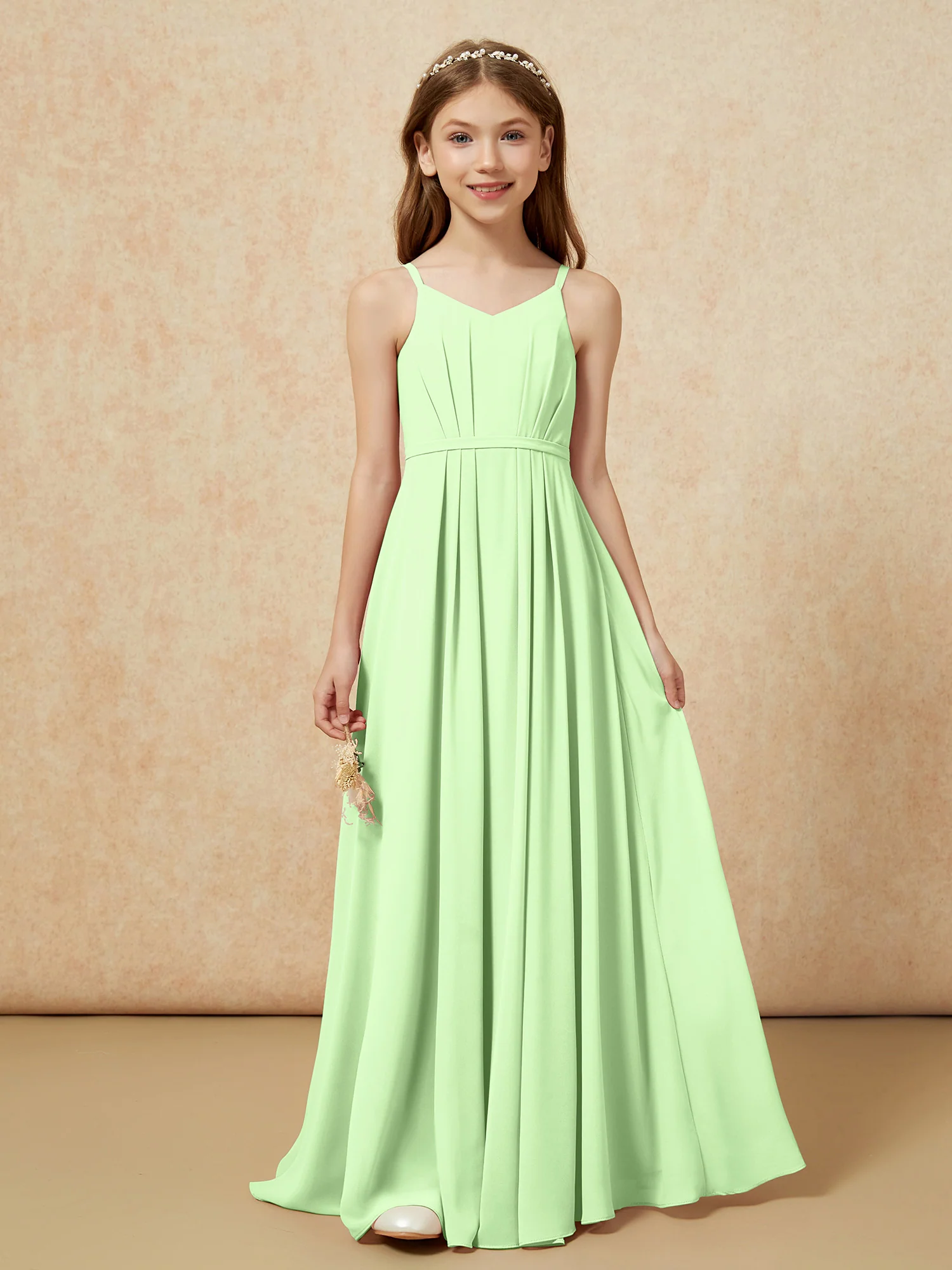 V-neck Spaghetti Straps Chiffon Junior Bridesmaid Dresses Sage