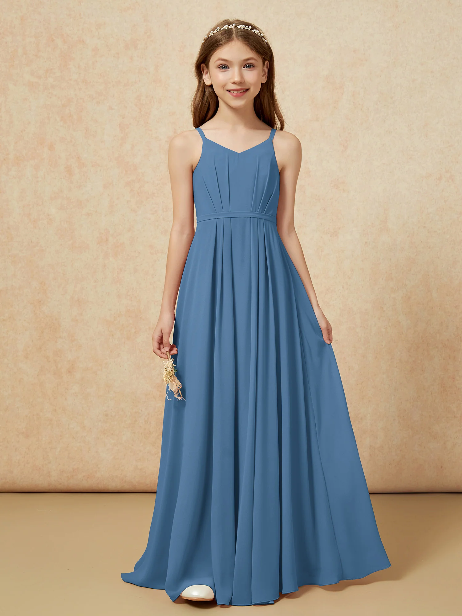 V-neck Spaghetti Straps Chiffon Junior Bridesmaid Dresses Slate Blue