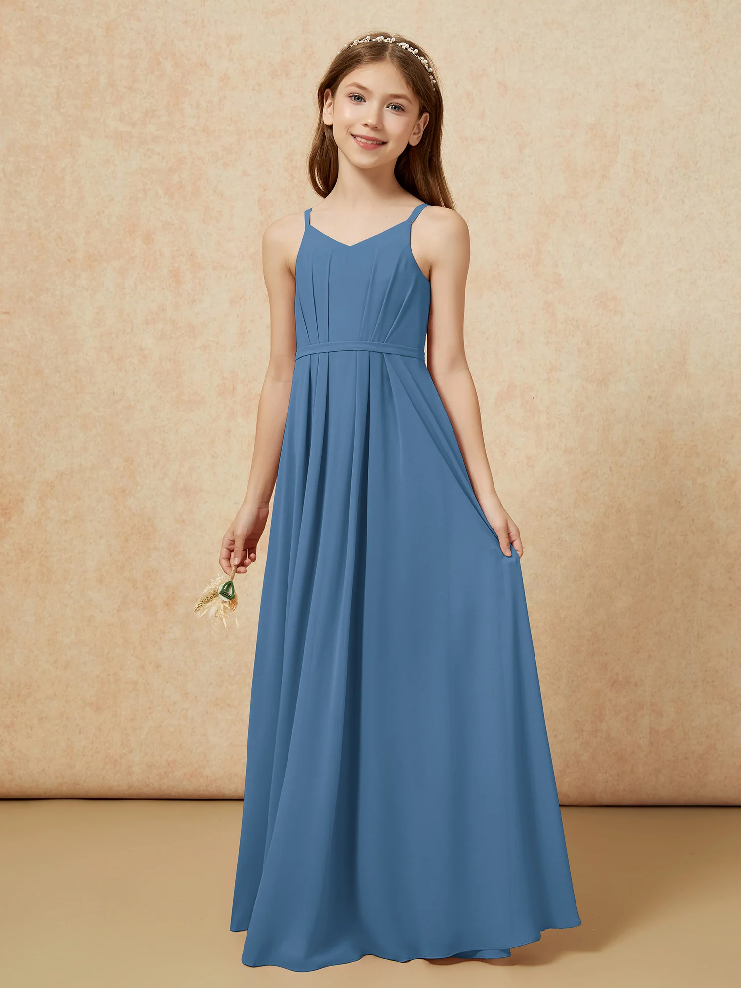 V-neck Spaghetti Straps Chiffon Junior Bridesmaid Dresses Slate Blue - Image 3