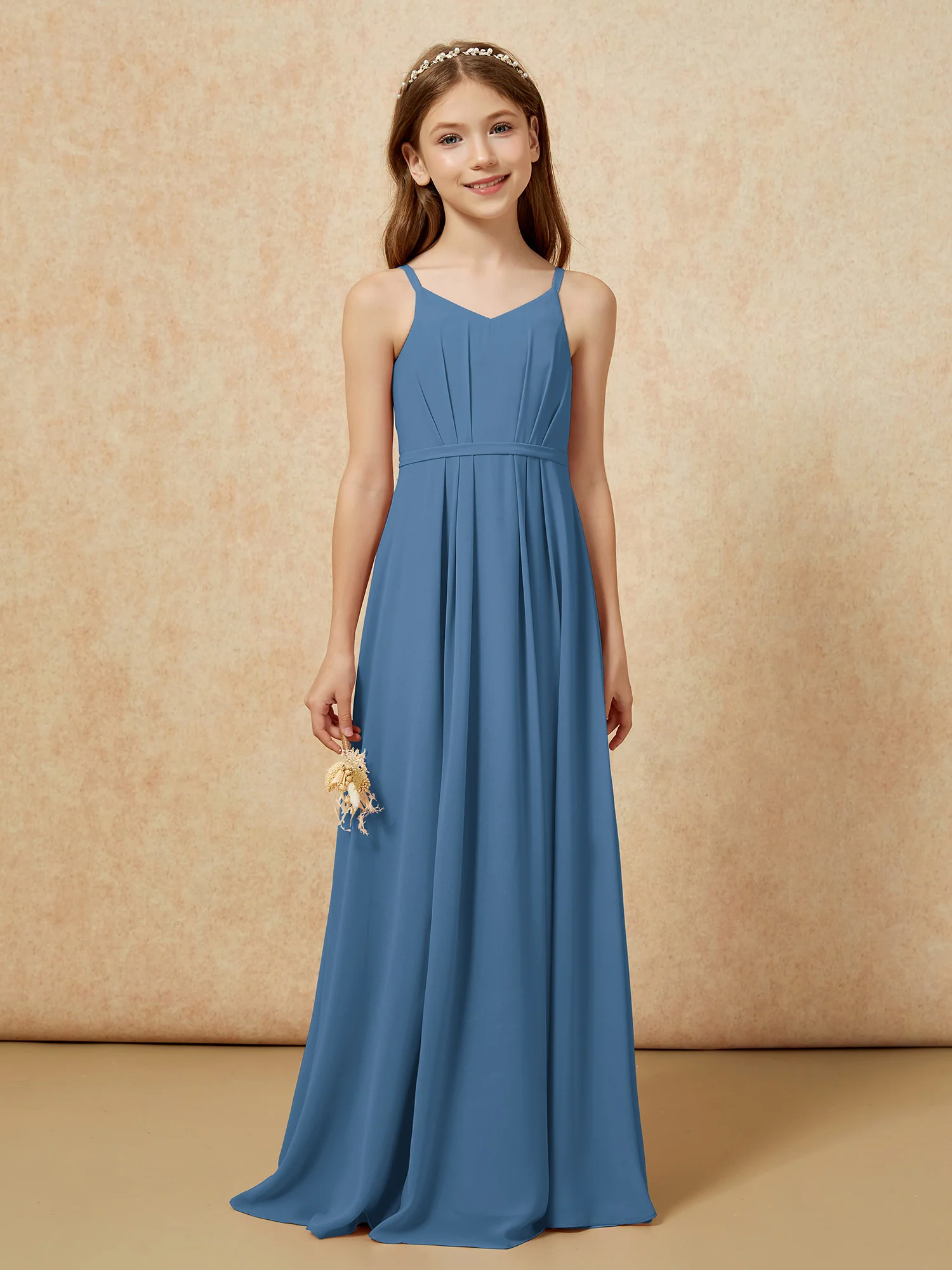 V-neck Spaghetti Straps Chiffon Junior Bridesmaid Dresses Slate Blue - Image 4