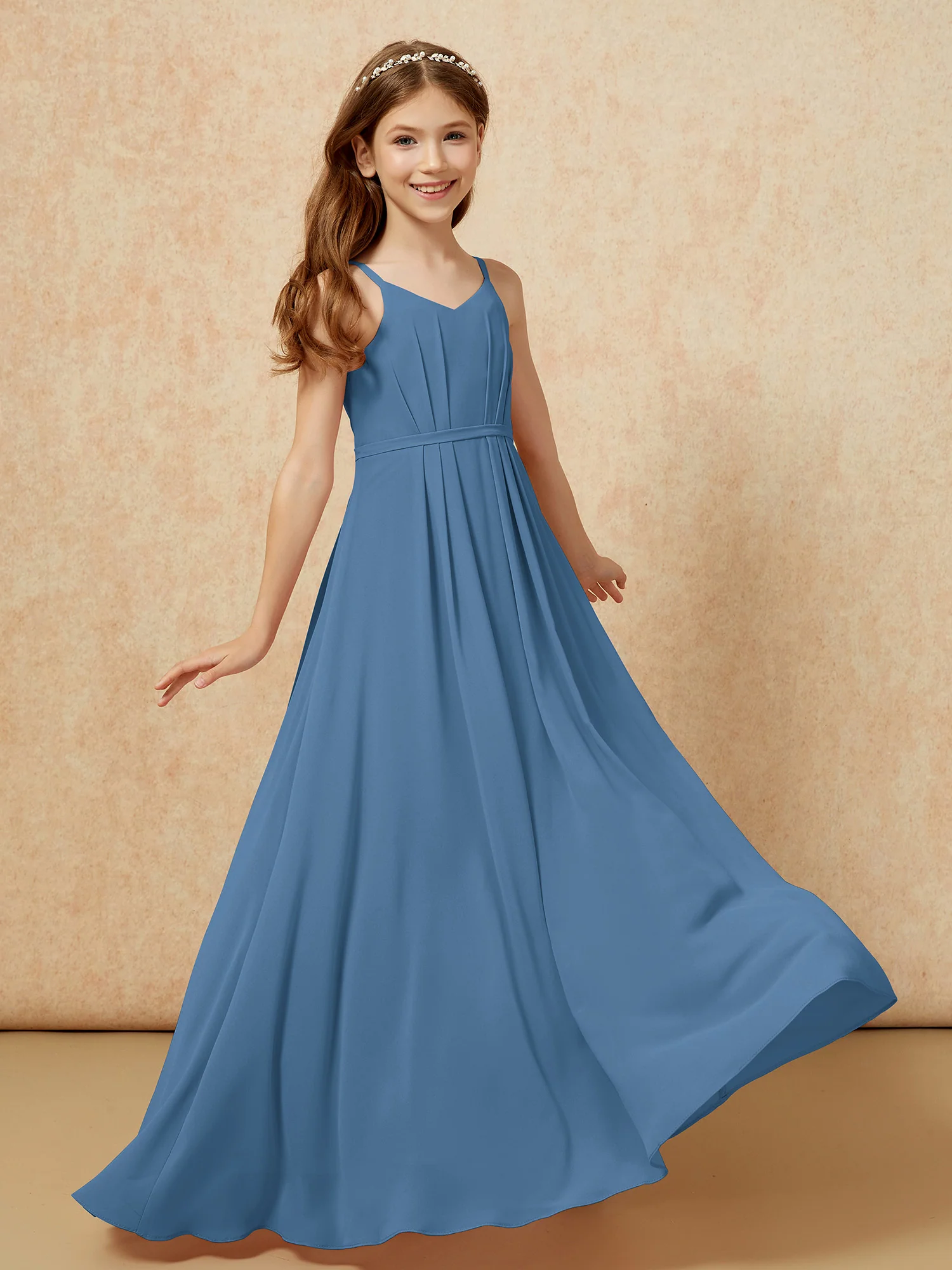 V-neck Spaghetti Straps Chiffon Junior Bridesmaid Dresses Slate Blue - Image 6